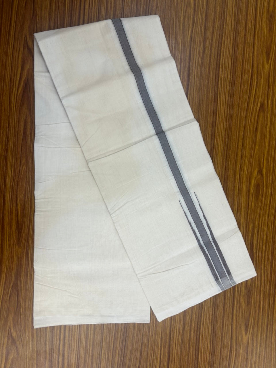 25% Discount ! KaithariKada Handloom Millpaav Balaramapuram - 100% Pure Cotton Off White Double - (Unbleached) Mundu/Dothi - 80X90 - 1.25 inch Puliyilakkara Dark Brown & Silver Kasavu Stripes chutty Kara 4 mtr (8.5 Muzham) - 124 KK5236 RAM