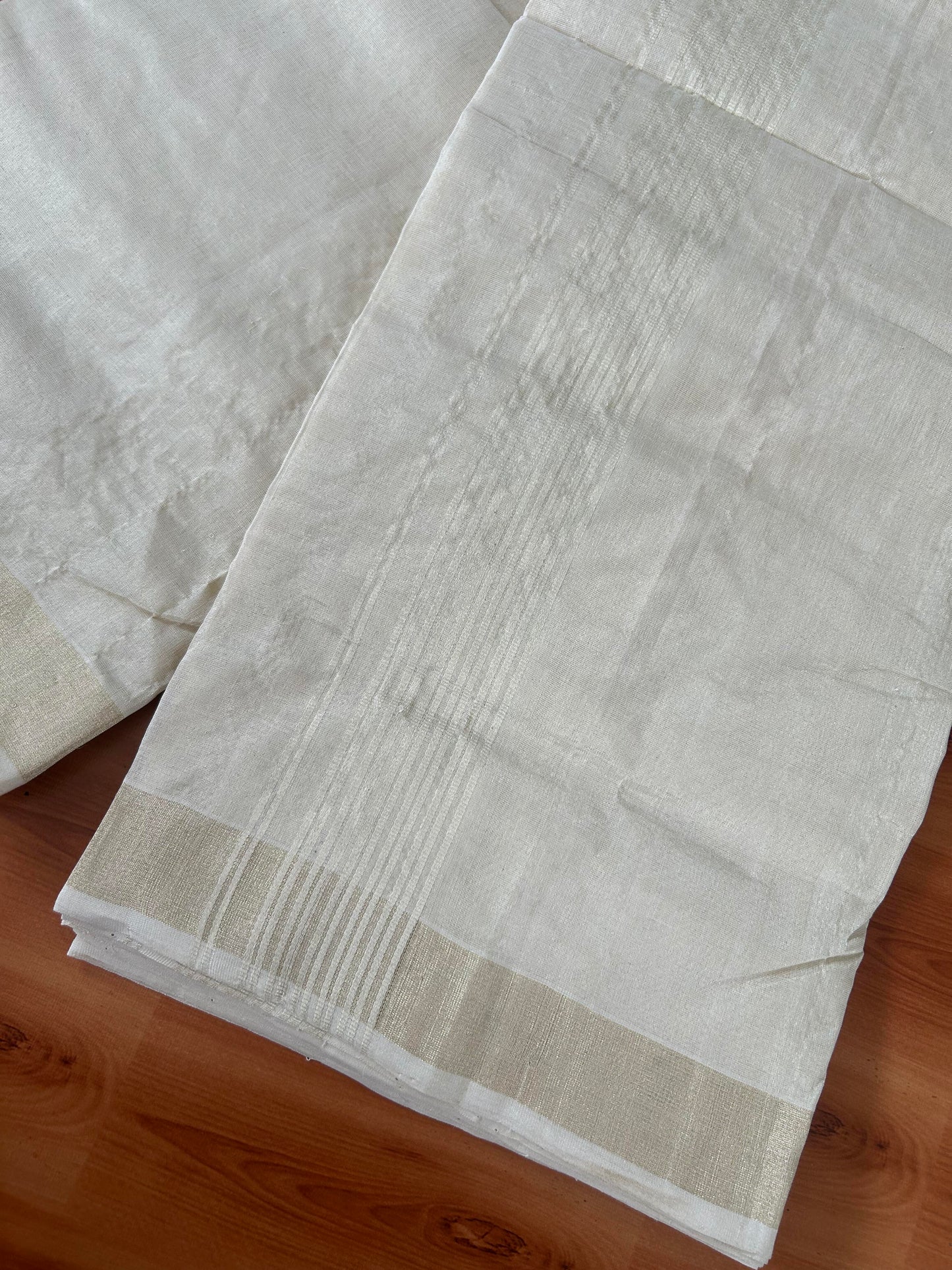 25% Discount ! KaithariKada Handloom Millpaav Kerala Handloom - Pure Cotton Off White - (Unbleached) Double Mundu/Dhoti - (80X90) - 2.25 inch Light Gold Kasav Tissue Striped Tissue Body 4 mtr (8.5 Muzham) - 48 KK5386 RAM