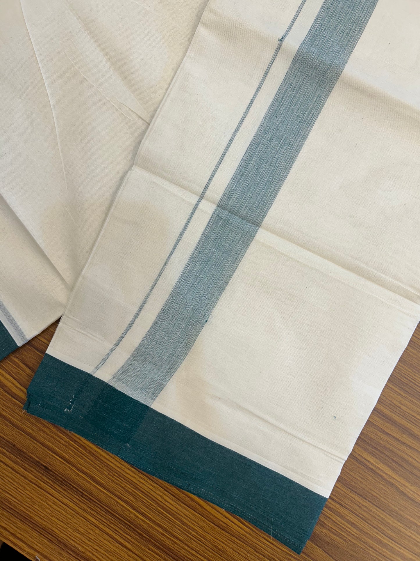 20% Discount ! KaithariKada Balaramapuram 100% Cotton Double Off White (Unbleached) - Mundu / Dhoti- 100x80 - 1.5 inch Dark Green Shaded Kara 4 mtr (8.5 Muzham) - 14 KK5371 VIN