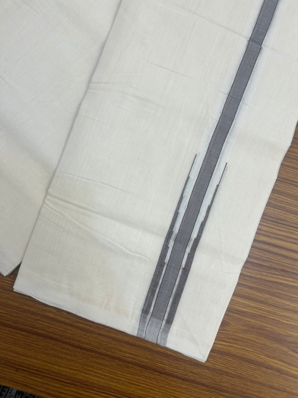 25% Discount ! KaithariKada Handloom Millpaav Balaramapuram - 100% Pure Cotton Off White Double - (Unbleached) Mundu/Dothi - 80X90 - 1.25 inch Puliyilakkara Dark Brown & Silver Kasavu Stripes chutty Kara 4 mtr (8.5 Muzham) - 124 KK5236 RAM