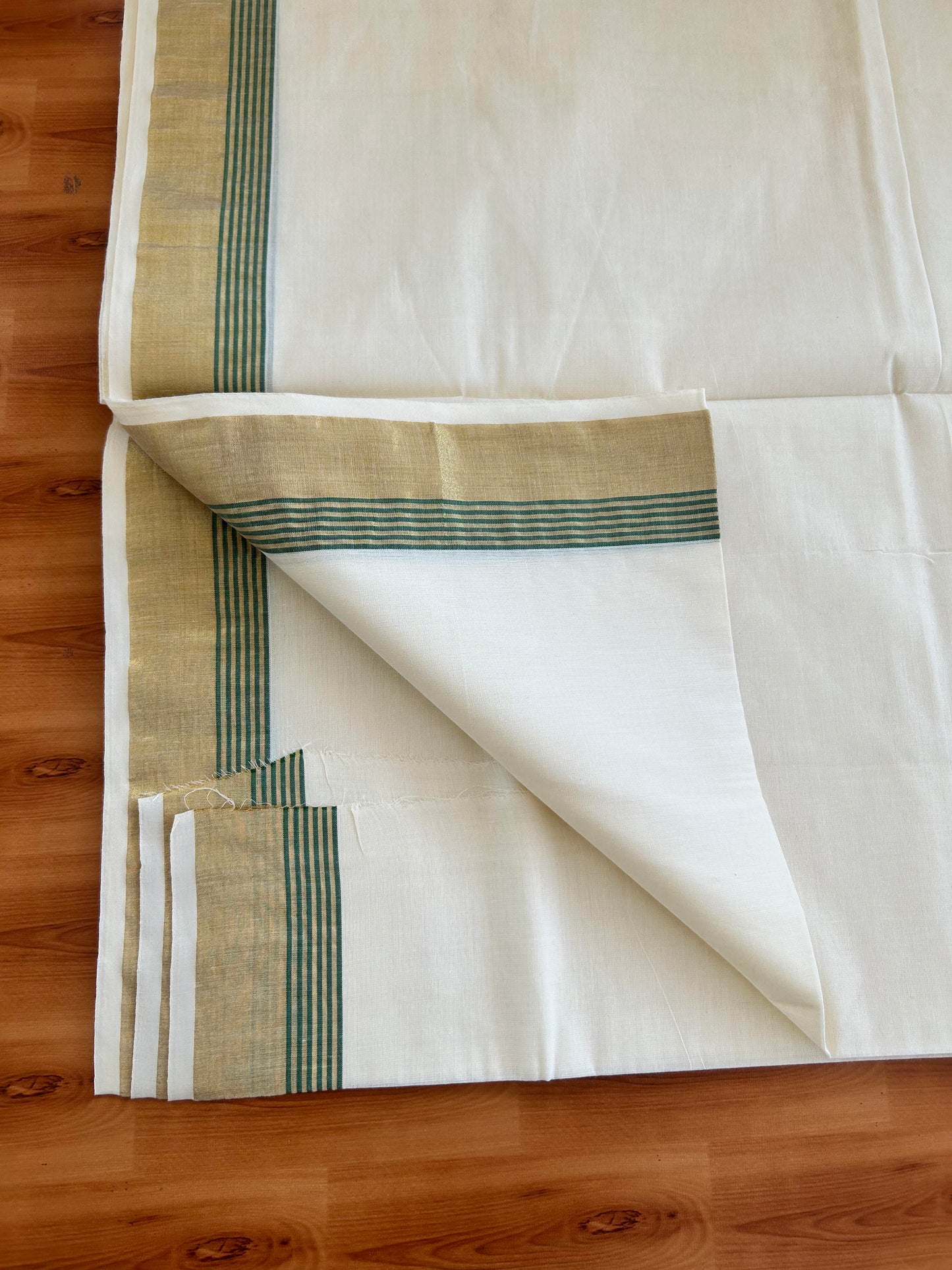 25% Discount! Kaitharikada Kerala Traditional Saree Off white- Mixed Cotton Kasavu Saree - 2.75 Inch Pallu - Gold Kasav & Green Striped Kara - 38 KK7000 PMC