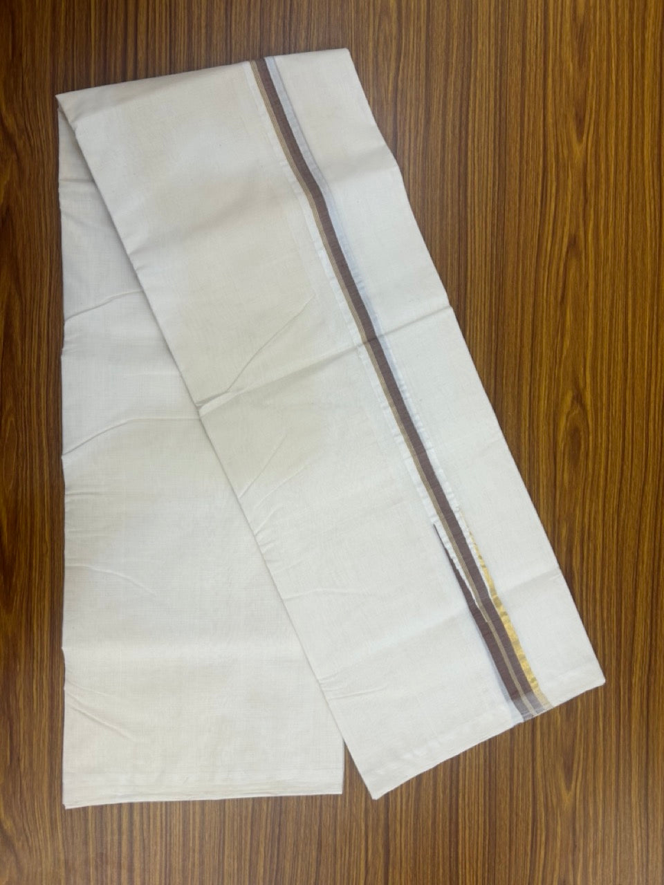 25% Discount ! KaithariKada Handloom Millpaav Balaramapuram - 100% Pure Cotton Off White Double - (Unbleached) Mundu/Dothi - 80X90 - 1.25 inch Puliyilakkara Brown & Gold Kasavu Stripes chutty Kara 4 mtr (8.5 Muzham) - 121 KK5236 RAM
