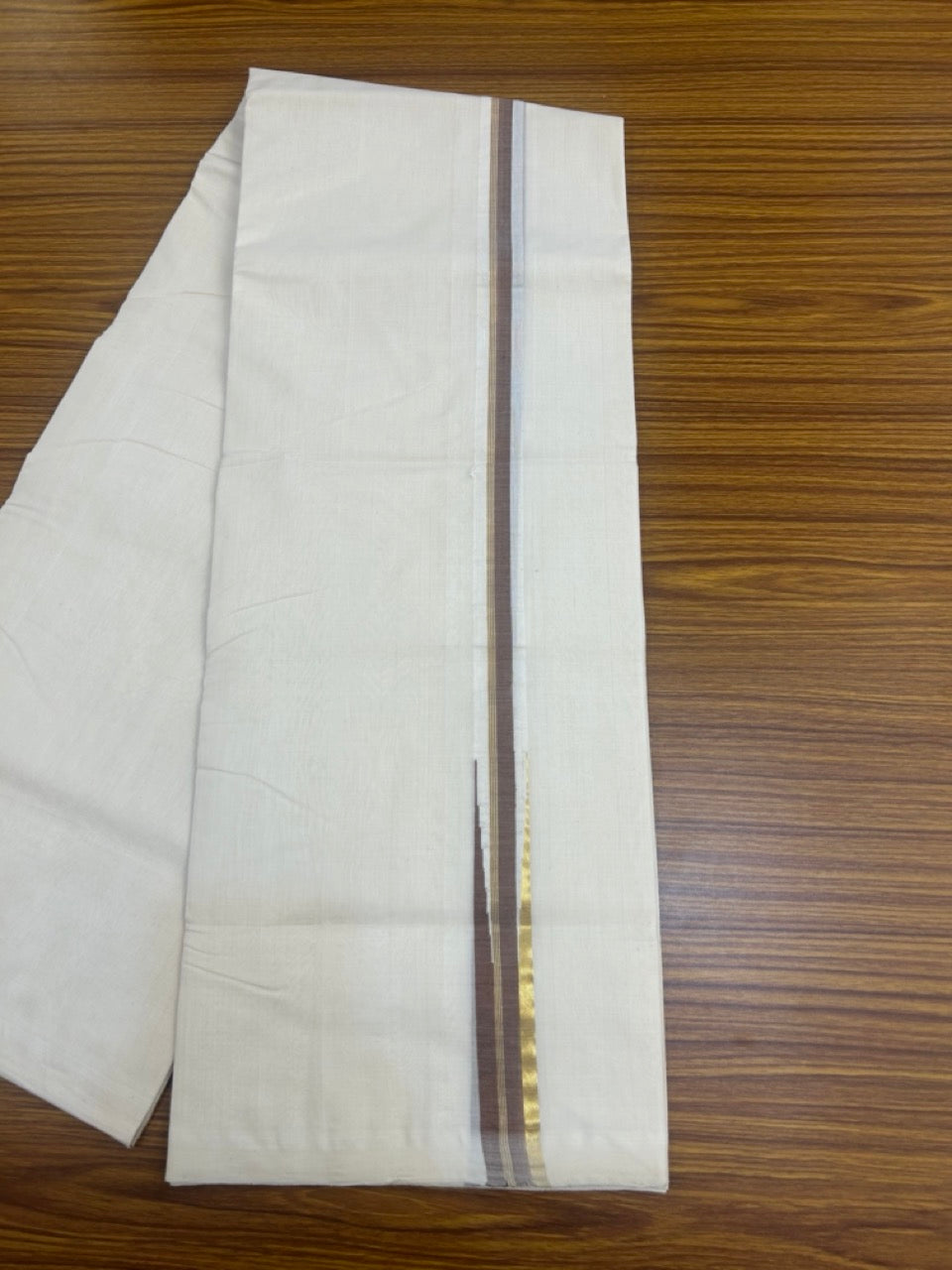 25% Discount ! KaithariKada Handloom Millpaav Balaramapuram - 100% Pure Cotton Off White Double - (Unbleached) Mundu/Dothi - 80X90 - 1.25 inch Puliyilakkara Brown & Gold Kasavu Stripes chutty Kara 4 mtr (8.5 Muzham) - 121 KK5236 RAM