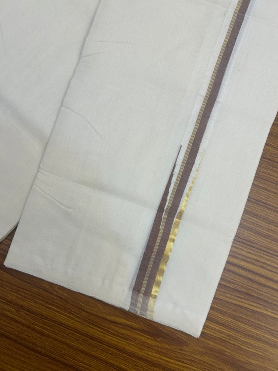 25% Discount ! KaithariKada Handloom Millpaav Balaramapuram - 100% Pure Cotton Off White Double - (Unbleached) Mundu/Dothi - 80X90 - 1.25 inch Puliyilakkara Brown & Gold Kasavu Stripes chutty Kara 4 mtr (8.5 Muzham) - 121 KK5236 RAM