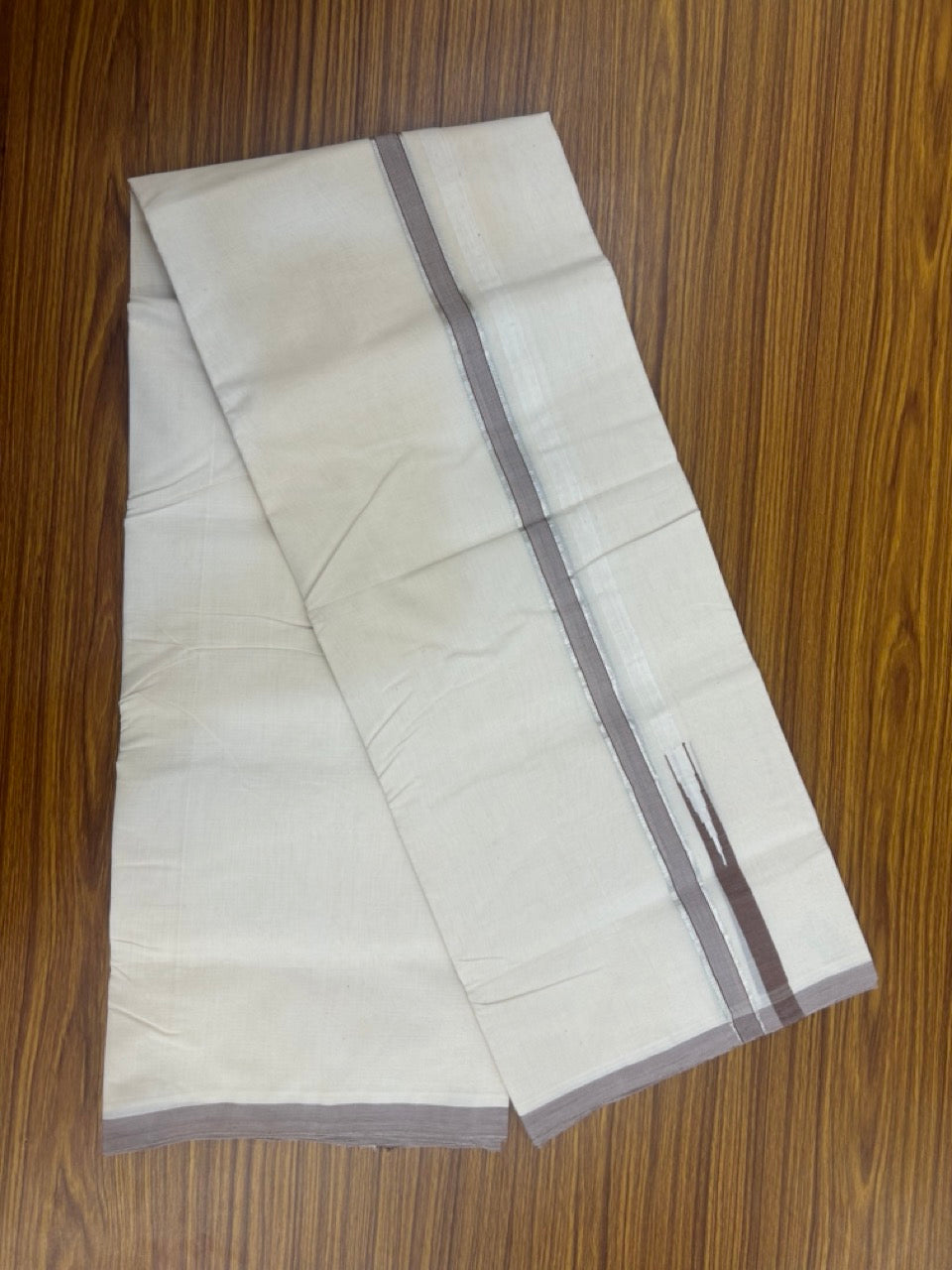 25% Discount ! KaithariKada Handloom Millpaav Balaramapuram - 100% Pure Cotton Off White Double - (Unbleached) Mundu/Dothi - 80X90 - 1 inch Puliyilakkara Silver Kasavu & Brown Stripes chutty Kara 4 mtr (8.5 Muzham) - 127 KK5236 RAM