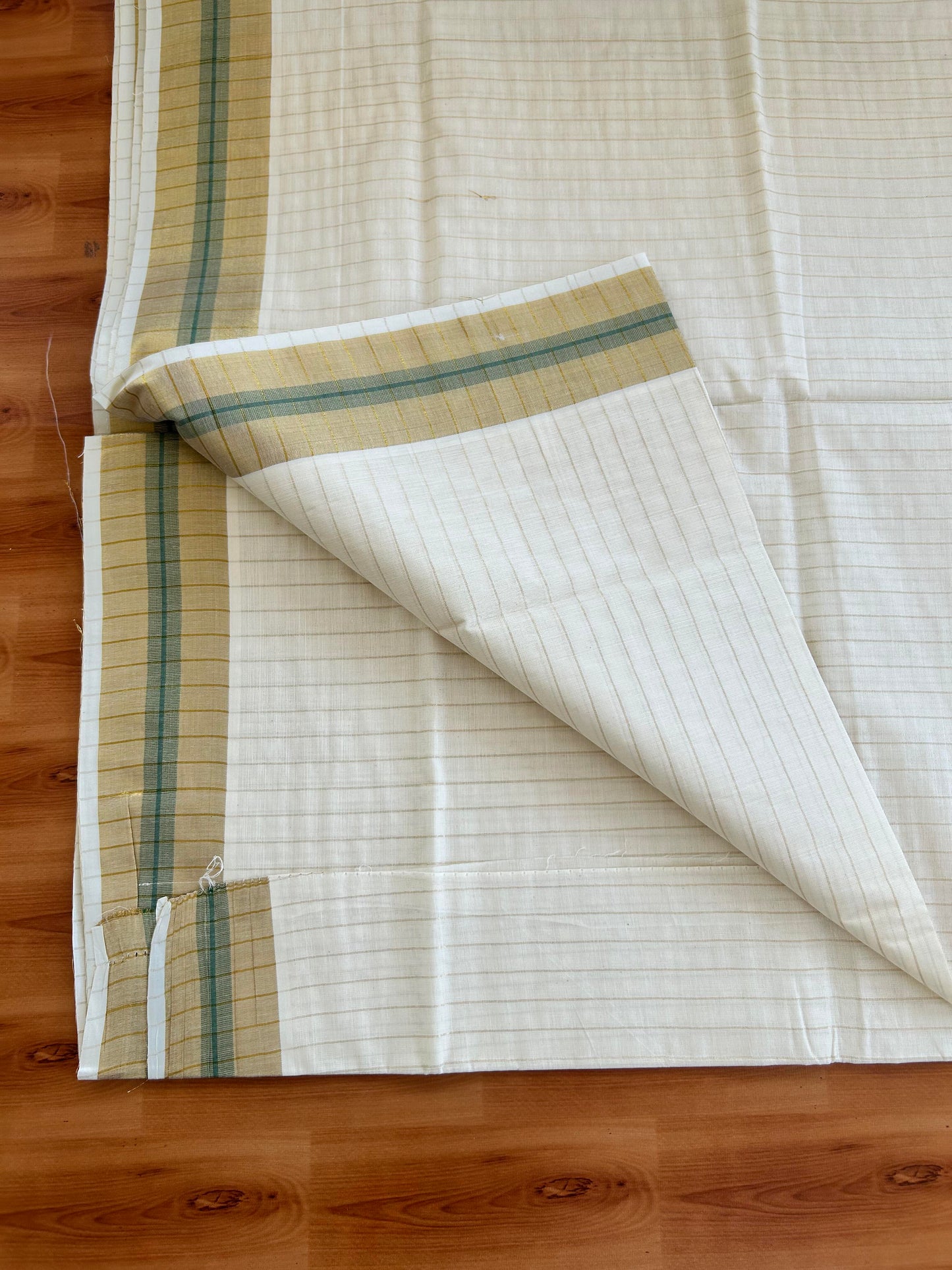 25% Discount! Kaitharikada Kerala Traditional Saree Off white- Mixed Cotton Kasavu Saree - 3 Inch Pallu - Gold Kasav & Green Striped Kara & Striped Body - 36 KK7000 PMC