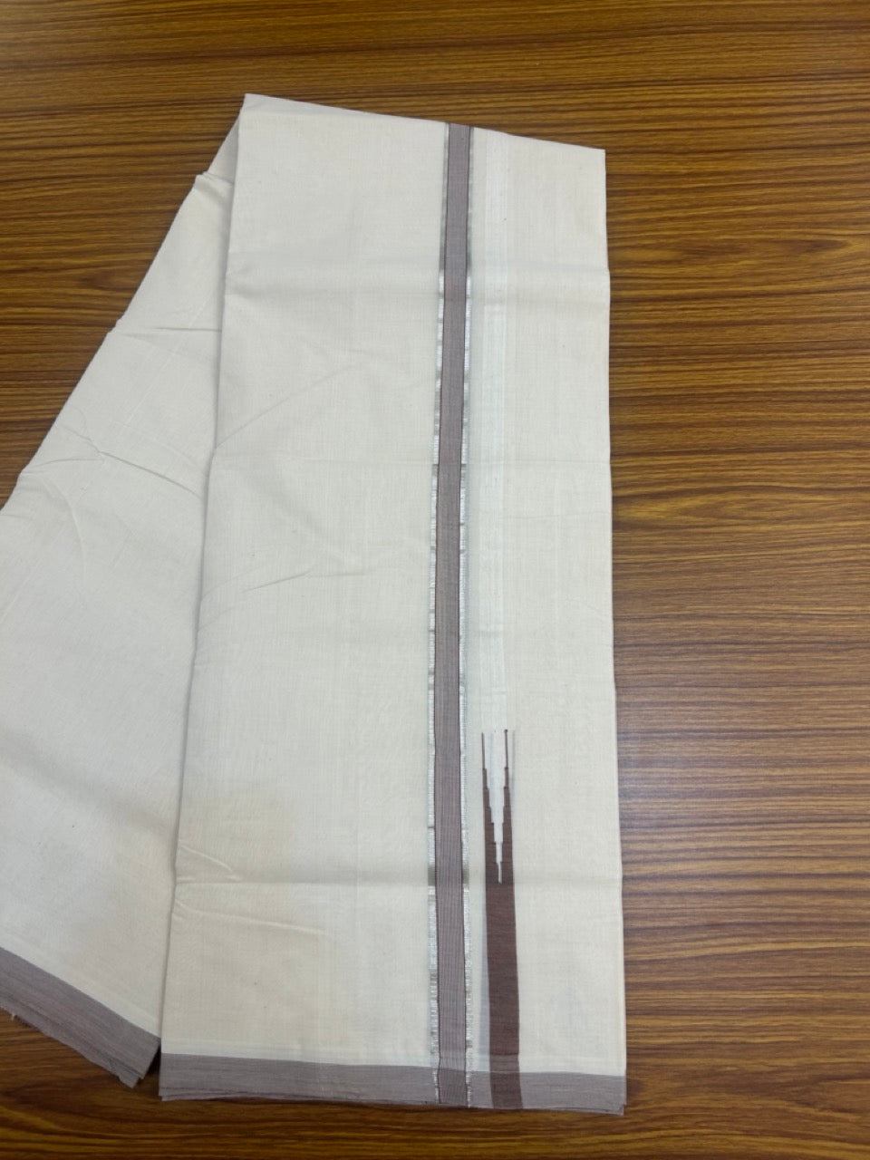 25% Discount ! KaithariKada Handloom Millpaav Balaramapuram - 100% Pure Cotton Off White Double - (Unbleached) Mundu/Dothi - 80X90 - 1 inch Puliyilakkara Silver Kasavu & Brown Stripes chutty Kara 4 mtr (8.5 Muzham) - 127 KK5236 RAM