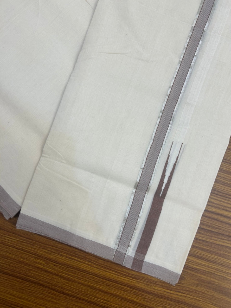 25% Discount ! KaithariKada Handloom Millpaav Balaramapuram - 100% Pure Cotton Off White Double - (Unbleached) Mundu/Dothi - 80X90 - 1 inch Puliyilakkara Silver Kasavu & Brown Stripes chutty Kara 4 mtr (8.5 Muzham) - 127 KK5236 RAM