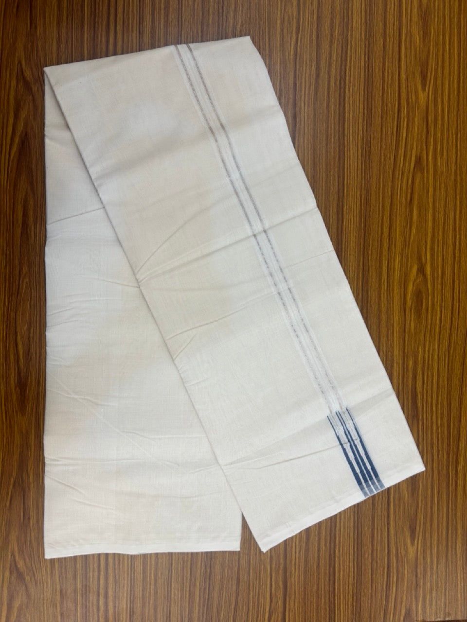25% Discount!! KaithariKada Handloom Millpaav Balaramapuram - 100% Pure Cotton Off White (Unbleached) Double Mundu/Dhoti - 80x90 s - 1.5 inch Silver kasav Puliyilakkara Peacock Blue Double Chutty 4 mtr (8.5 muzham) - 115 KK5256 RAM