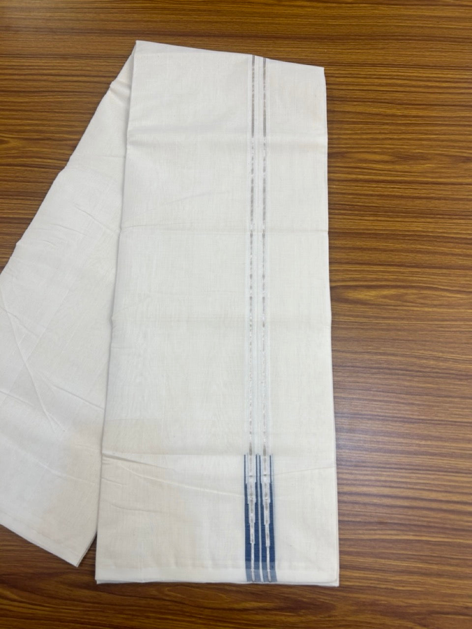 25% Discount!! KaithariKada Handloom Millpaav Balaramapuram - 100% Pure Cotton Off White (Unbleached) Double Mundu/Dhoti - 80x90 s - 1.5 inch Silver kasav Puliyilakkara Peacock Blue Double Chutty 4 mtr (8.5 muzham) - 115 KK5256 RAM