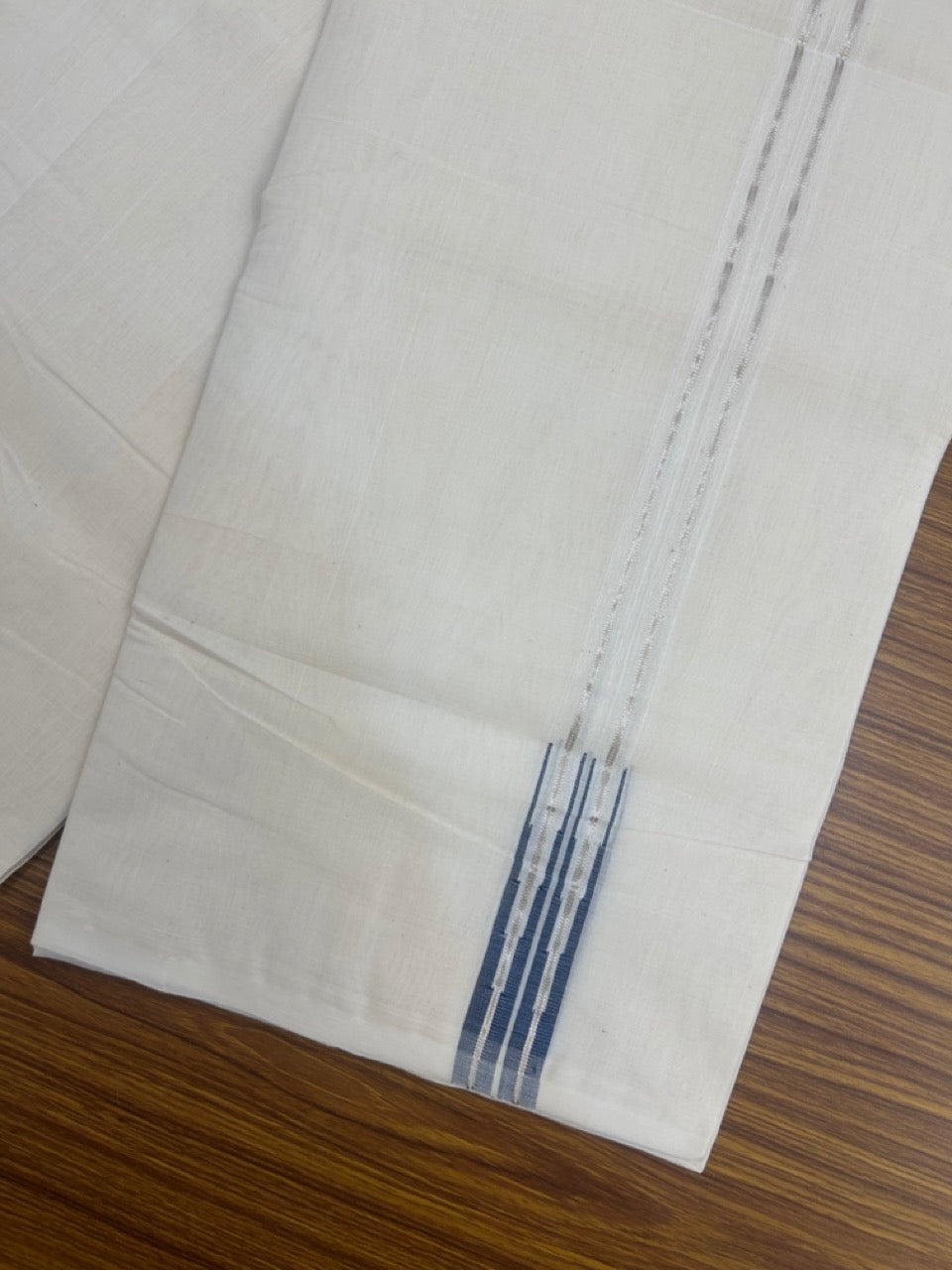 25% Discount!! KaithariKada Handloom Millpaav Balaramapuram - 100% Pure Cotton Off White (Unbleached) Double Mundu/Dhoti - 80x90 s - 1.5 inch Silver kasav Puliyilakkara Peacock Blue Double Chutty 4 mtr (8.5 muzham) - 115 KK5256 RAM