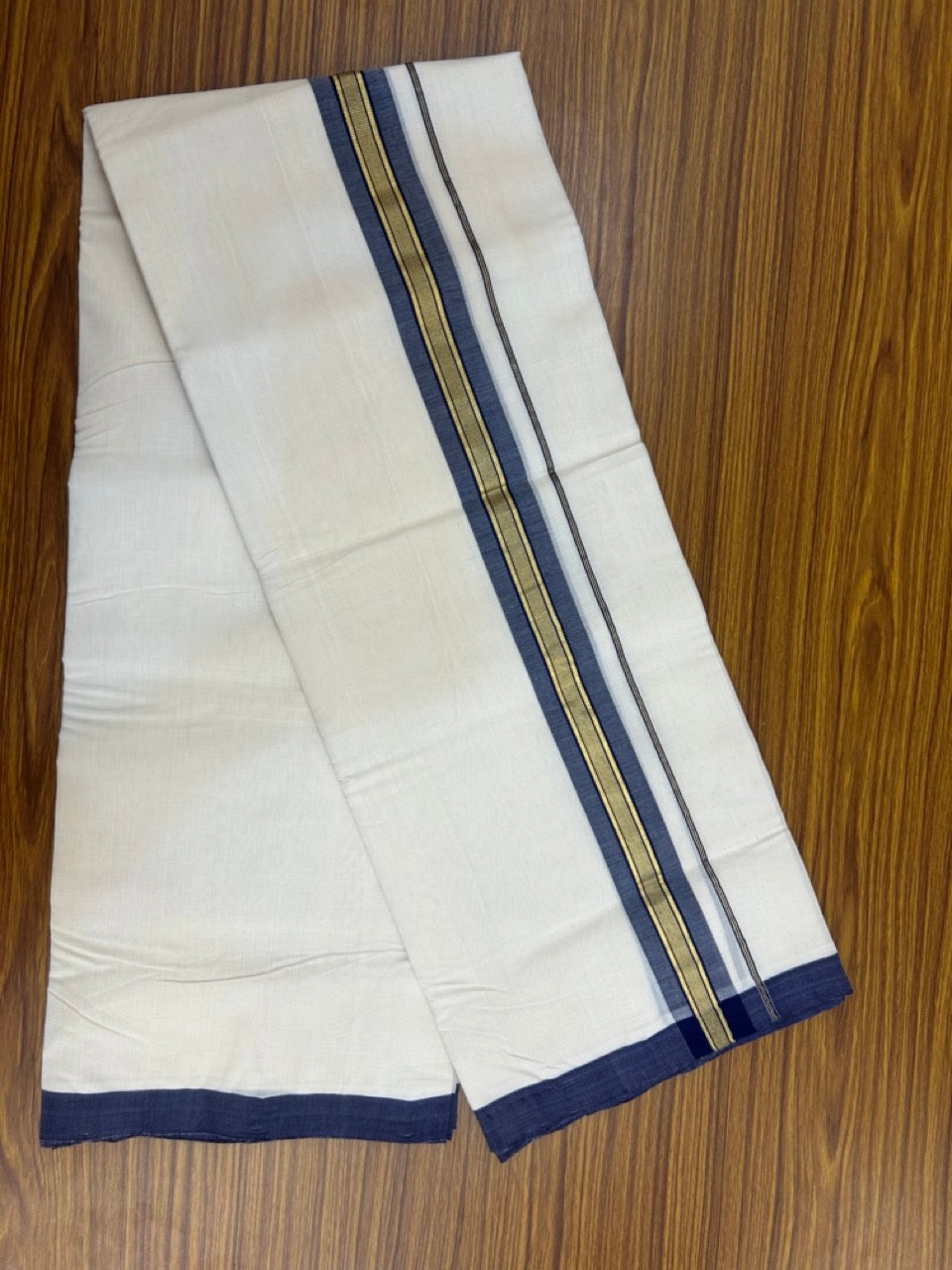 25% Discount ! KaithariKada Handloom Millpaav Balaramapuram - Cotton Off White (Unbleached) Double Mundu/Dothi - 80x90 - 1.75 inch Gold Kasavu & Navy Blue Stripes Mulloth Kara 4 Meters (8.5 Muzham) - 119 KK5256 RAM