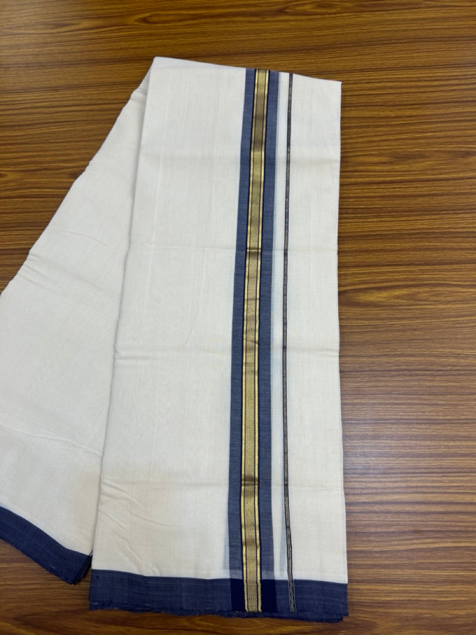 25% Discount ! KaithariKada Handloom Millpaav Balaramapuram - Cotton Off White (Unbleached) Double Mundu/Dothi - 80x90 - 1.75 inch Gold Kasavu & Navy Blue Stripes Mulloth Kara 4 Meters (8.5 Muzham) - 119 KK5256 RAM
