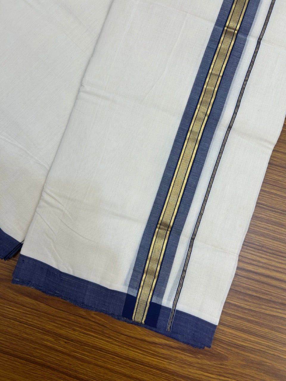 25% Discount ! KaithariKada Handloom Millpaav Balaramapuram - Cotton Off White (Unbleached) Double Mundu/Dothi - 80x90 - 1.75 inch Gold Kasavu & Navy Blue Stripes Mulloth Kara 4 Meters (8.5 Muzham) - 119 KK5256 RAM