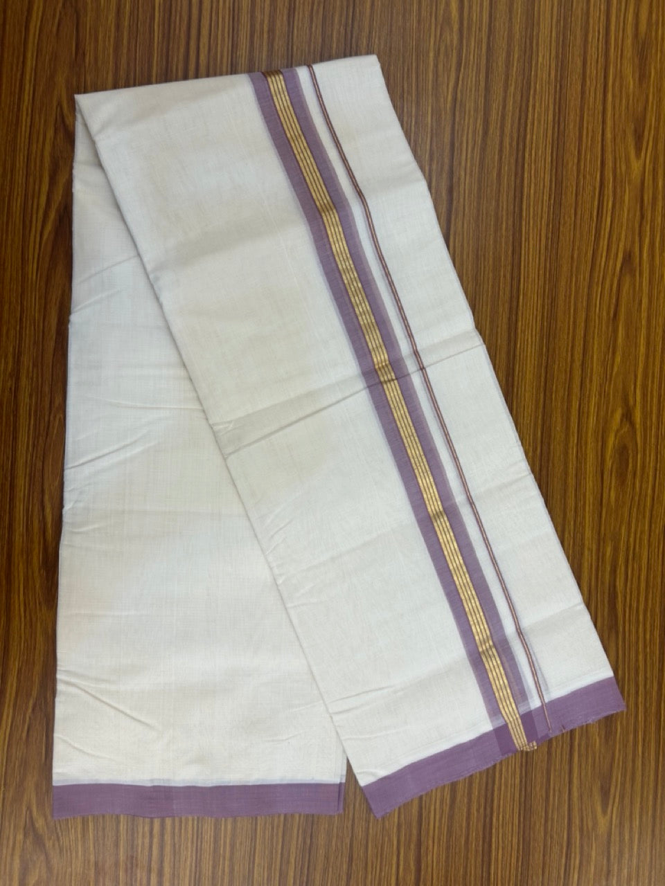 25% Discount ! KaithariKada Handloom Millpaav Balaramapuram - Cotton Off White (Unbleached) Double Mundu/Dothi - 80x90 - 1.75 inch Gold Kasavu & Light Plum Stripes Mulloth Kara 4 Meters (8.5 Muzham) - 118 KK5256 RAM