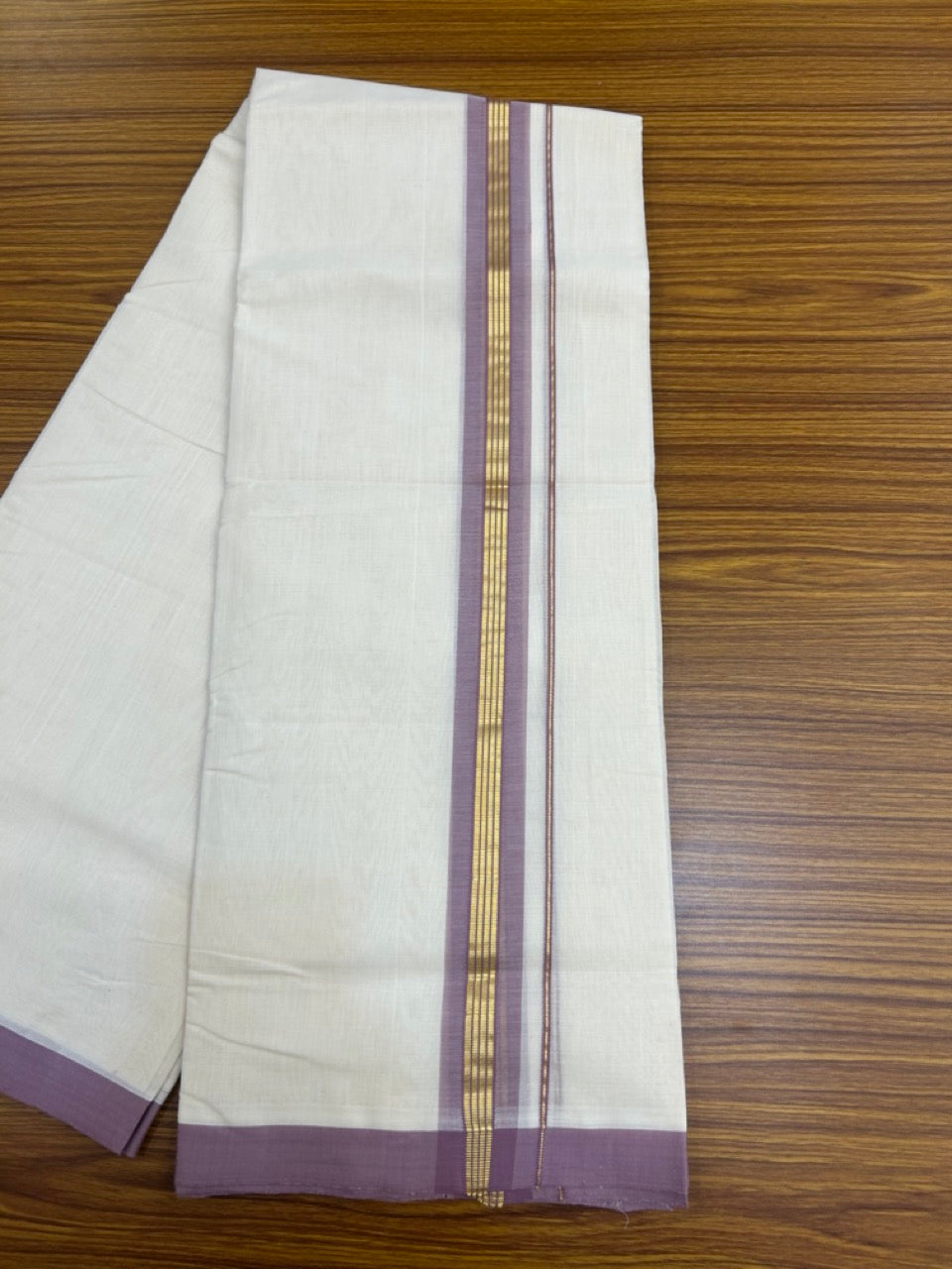 25% Discount ! KaithariKada Handloom Millpaav Balaramapuram - Cotton Off White (Unbleached) Double Mundu/Dothi - 80x90 - 1.75 inch Gold Kasavu & Light Plum Stripes Mulloth Kara 4 Meters (8.5 Muzham) - 118 KK5256 RAM