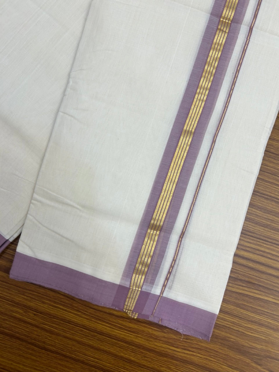 25% Discount ! KaithariKada Handloom Millpaav Balaramapuram - Cotton Off White (Unbleached) Double Mundu/Dothi - 80x90 - 1.75 inch Gold Kasavu & Light Plum Stripes Mulloth Kara 4 Meters (8.5 Muzham) - 118 KK5256 RAM