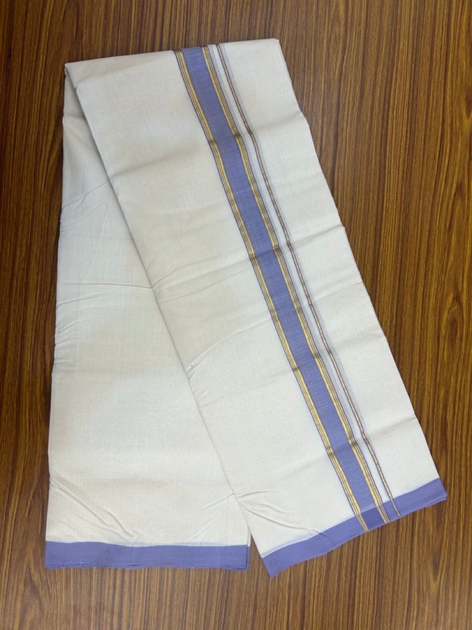 25% Discount ! KaithariKada Handloom Millpaav Balaramapuram - Cotton Off White (Unbleached) Double Mundu/Dothi - 80x90 - 1.25 inch Gold Kasav & Lavander Stripes Mulloth Kara 4 Meters (8.5 Muzham) - 110 KK5256 RAM