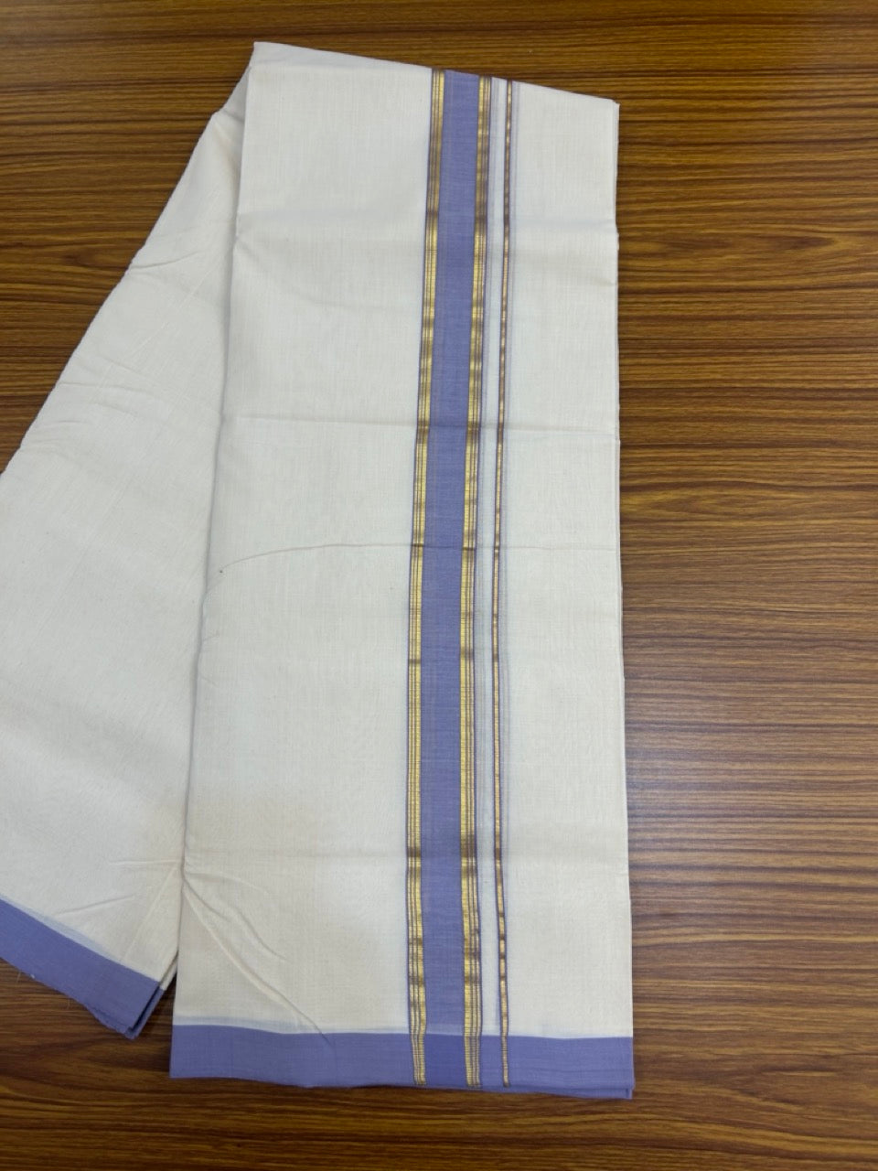 25% Discount ! KaithariKada Handloom Millpaav Balaramapuram - Cotton Off White (Unbleached) Double Mundu/Dothi - 80x90 - 1.25 inch Gold Kasav & Lavander Stripes Mulloth Kara 4 Meters (8.5 Muzham) - 110 KK5256 RAM