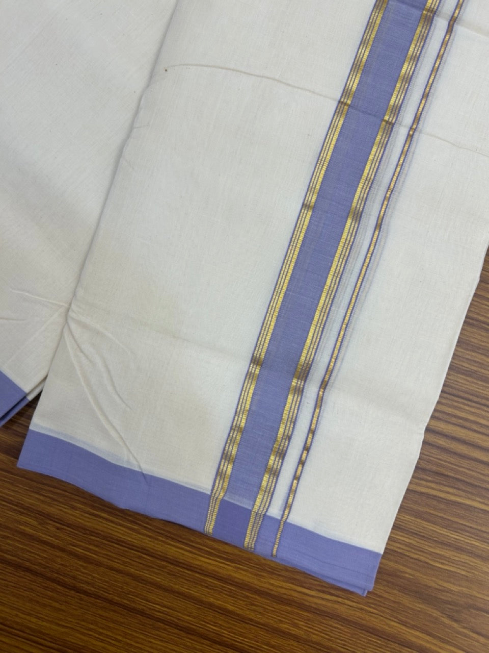 25% Discount ! KaithariKada Handloom Millpaav Balaramapuram - Cotton Off White (Unbleached) Double Mundu/Dothi - 80x90 - 1.25 inch Gold Kasav & Lavander Stripes Mulloth Kara 4 Meters (8.5 Muzham) - 110 KK5256 RAM