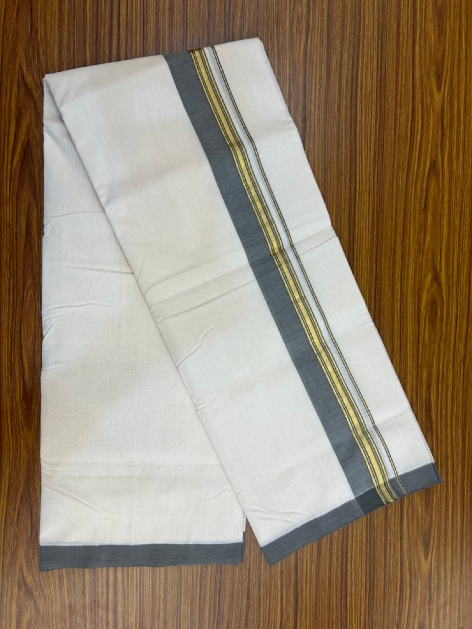 25% Discount ! KaithariKada Handloom Millpaav Balaramapuram - Cotton Off White (Unbleached) Double Mundu/Dothi - 80x90 - 1.25 inch Gold Kasav & Ash Grey Side Stripes Mulloth Kara 4 Meters (8.5 Muzham) - 111 KK5256 RAM