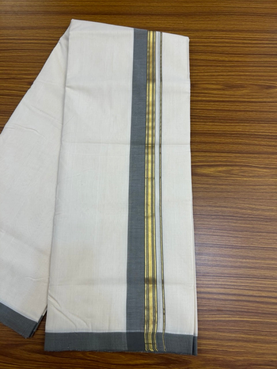 25% Discount ! KaithariKada Handloom Millpaav Balaramapuram - Cotton Off White (Unbleached) Double Mundu/Dothi - 80x90 - 1.25 inch Gold Kasav & Ash Grey Side Stripes Mulloth Kara 4 Meters (8.5 Muzham) - 111 KK5256 RAM