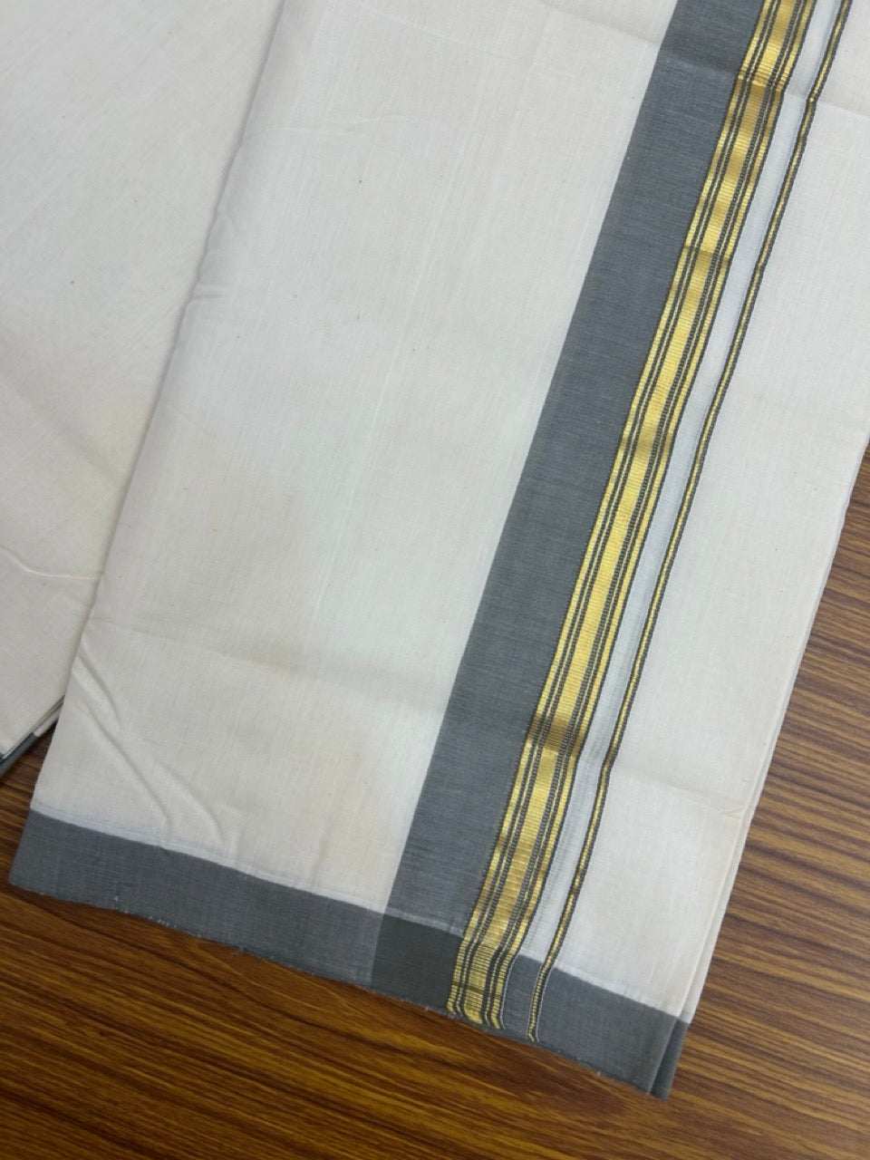 25% Discount ! KaithariKada Handloom Millpaav Balaramapuram - Cotton Off White (Unbleached) Double Mundu/Dothi - 80x90 - 1.25 inch Gold Kasav & Ash Grey Side Stripes Mulloth Kara 4 Meters (8.5 Muzham) - 111 KK5256 RAM