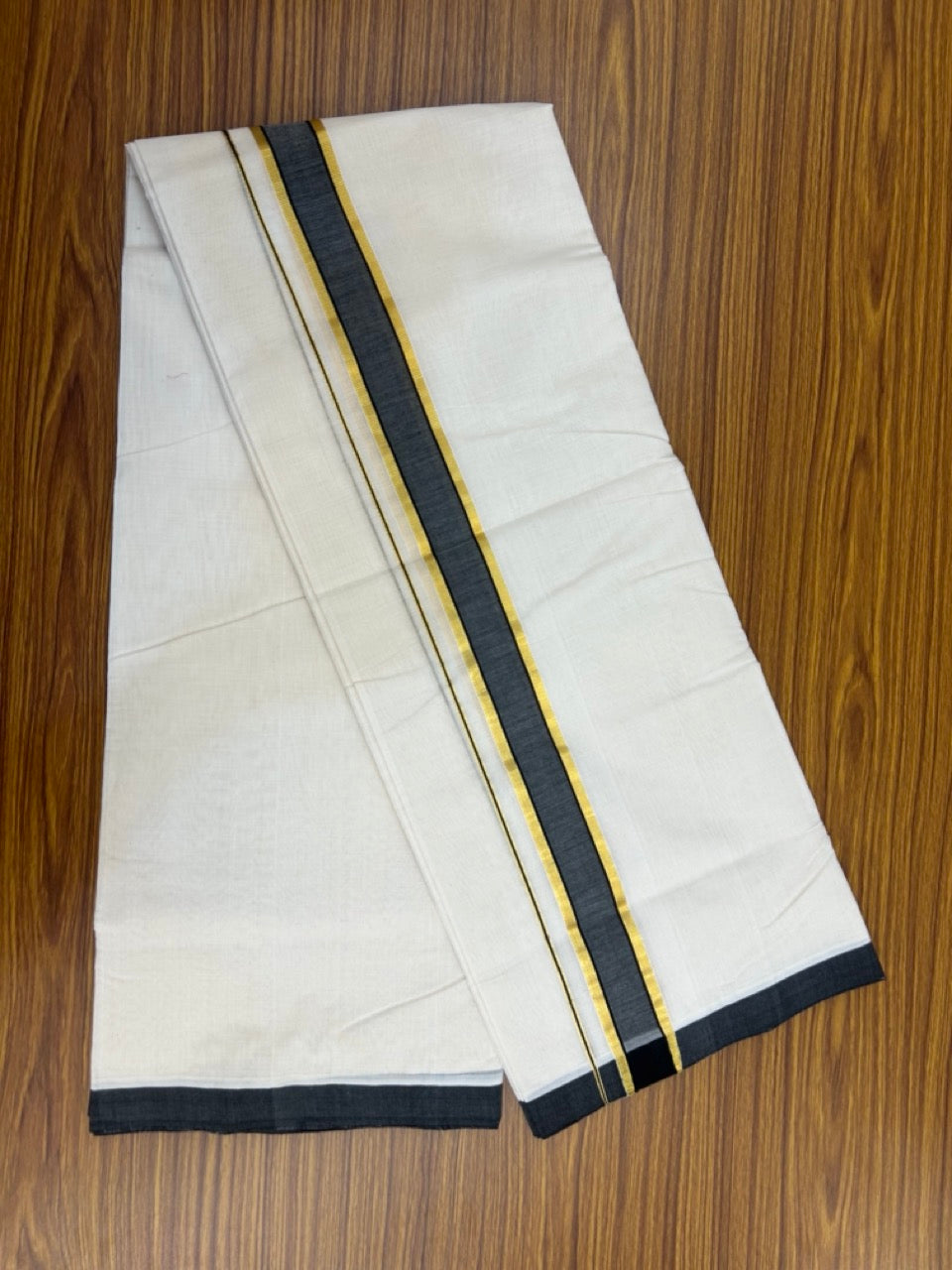 25% Discount ! KaithariKada Handloom Millpaav Balaramapuram - Cotton Off White (Unbleached) Double Mundu/Dothi - 80x90 - 1.5 inch Gold Kasav & Black Mulloth Kara 4 Meters (8.5 Muzham) - 114 KK5256 RAM