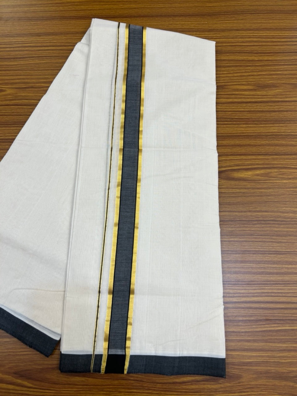 25% Discount ! KaithariKada Handloom Millpaav Balaramapuram - Cotton Off White (Unbleached) Double Mundu/Dothi - 80x90 - 1.5 inch Gold Kasav & Black Mulloth Kara 4 Meters (8.5 Muzham) - 114 KK5256 RAM