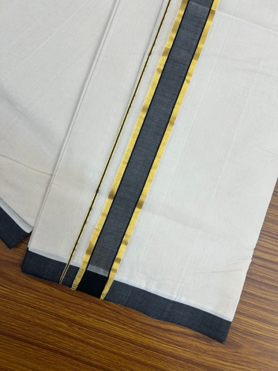 25% Discount ! KaithariKada Handloom Millpaav Balaramapuram - Cotton Off White (Unbleached) Double Mundu/Dothi - 80x90 - 1.5 inch Gold Kasav & Black Mulloth Kara 4 Meters (8.5 Muzham) - 114 KK5256 RAM