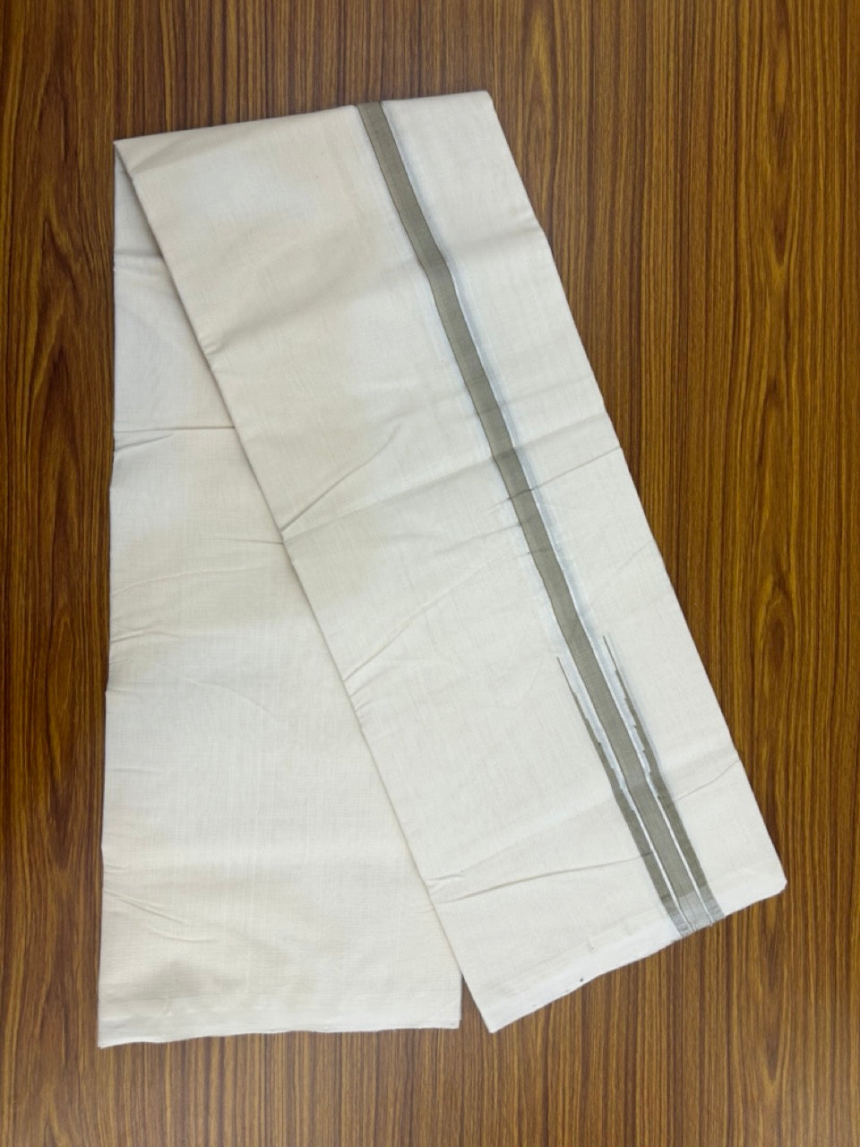 25% Discount ! KaithariKada Handloom Millpaav Balaramapuram - 100% Pure Cotton Off White Double - (Unbleached) Mundu/Dothi - 80X90 - 1.25 inch Puliyilakkara Sage Green & Silver Kasavu Stripes chutty Kara 4 mtr (8.5 Muzham) - 123 KK5236 RAM