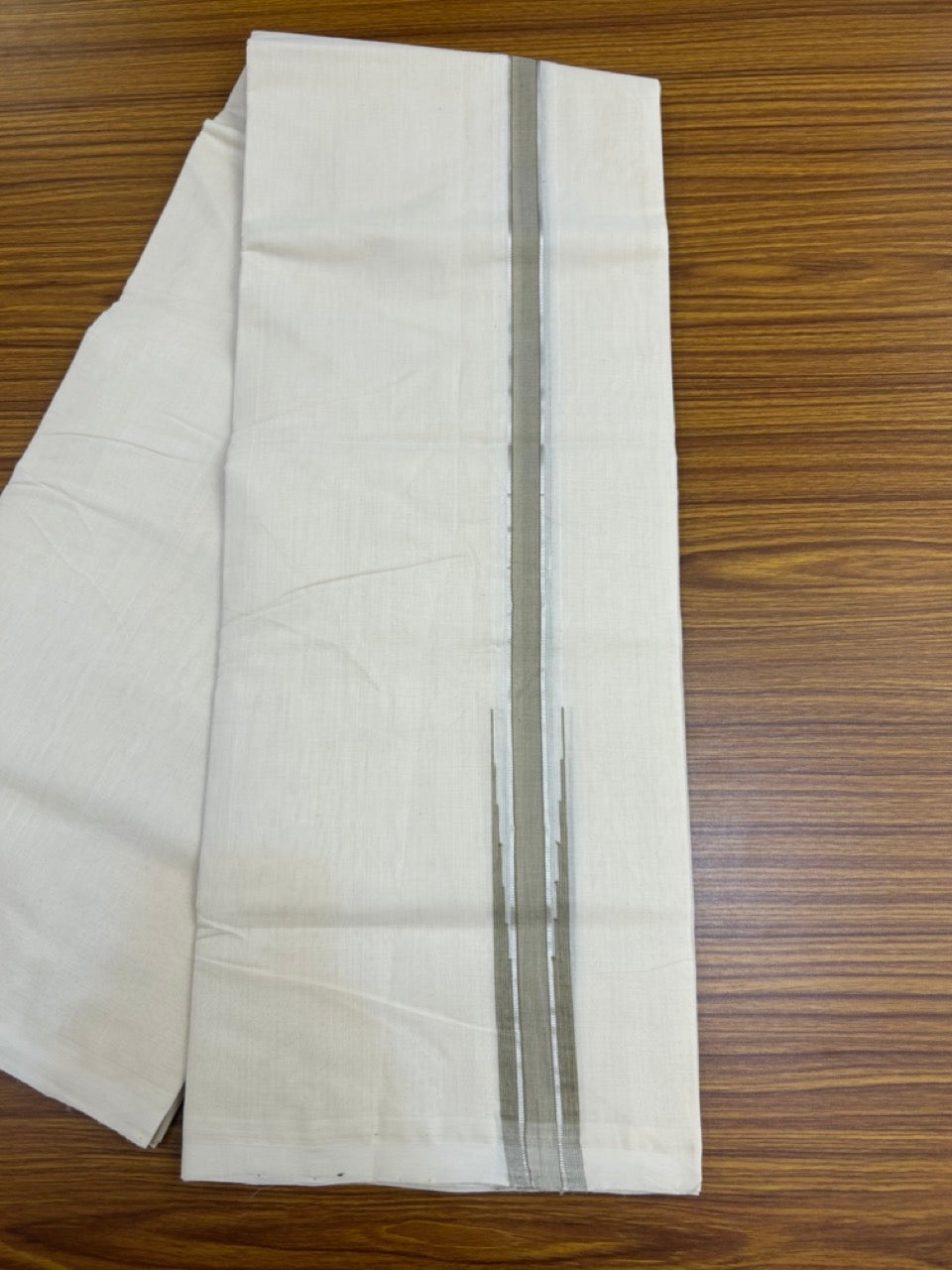 25% Discount ! KaithariKada Handloom Millpaav Balaramapuram - 100% Pure Cotton Off White Double - (Unbleached) Mundu/Dothi - 80X90 - 1.25 inch Puliyilakkara Sage Green & Silver Kasavu Stripes chutty Kara 4 mtr (8.5 Muzham) - 123 KK5236 RAM