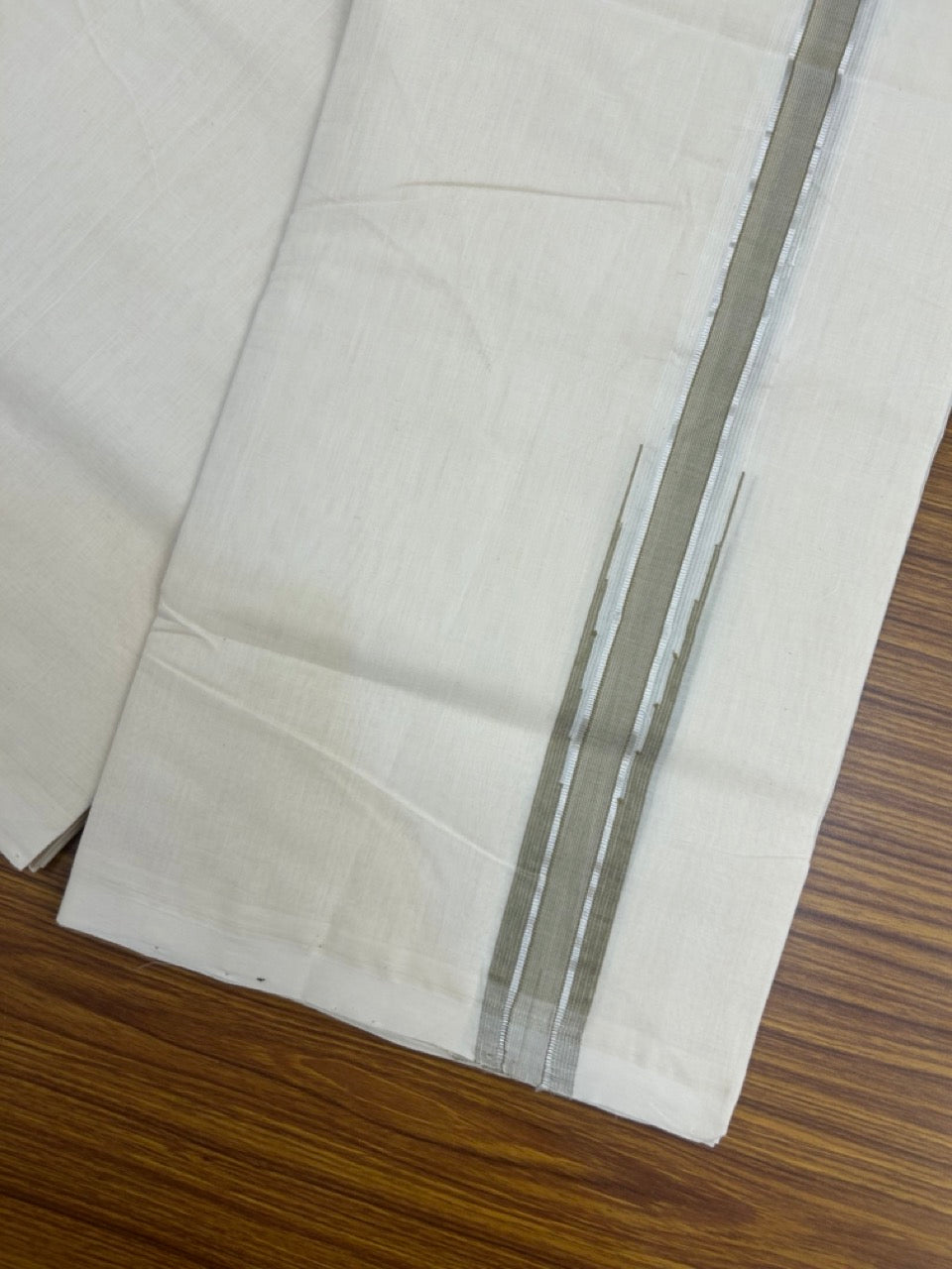 25% Discount ! KaithariKada Handloom Millpaav Balaramapuram - 100% Pure Cotton Off White Double - (Unbleached) Mundu/Dothi - 80X90 - 1.25 inch Puliyilakkara Sage Green & Silver Kasavu Stripes chutty Kara 4 mtr (8.5 Muzham) - 123 KK5236 RAM