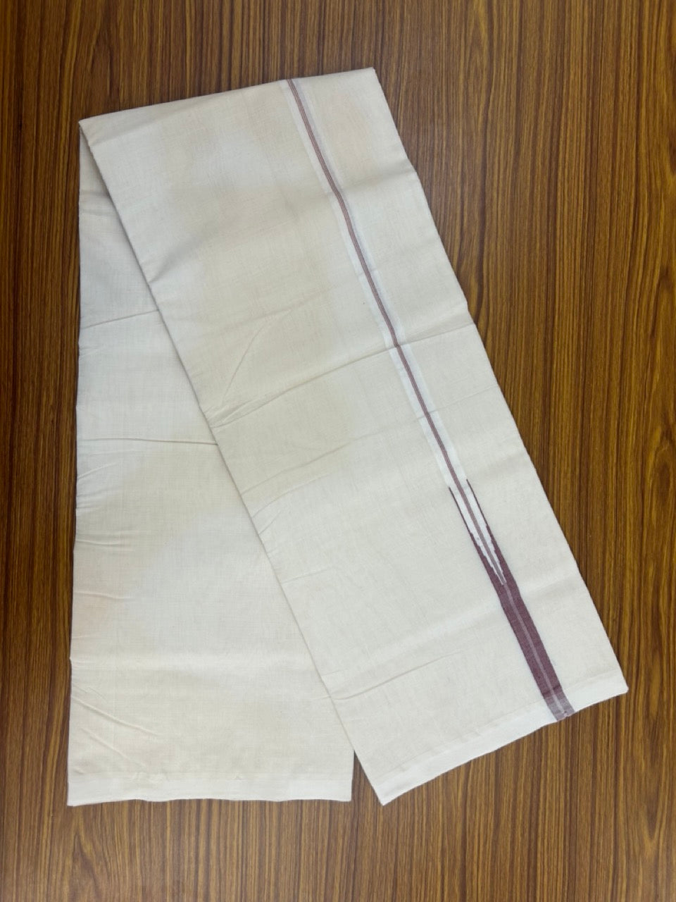 25% Discount ! KaithariKada Handloom Millpaav Balaramapuram - 100% Pure Cotton Off White Double - (Unbleached) Mundu/Dothi - 80X90 - 1 inch Puliyilakkara Maroon Stripes chutty Kara 4 mtr (8.5 Muzham) - 128 KK5236 RAM