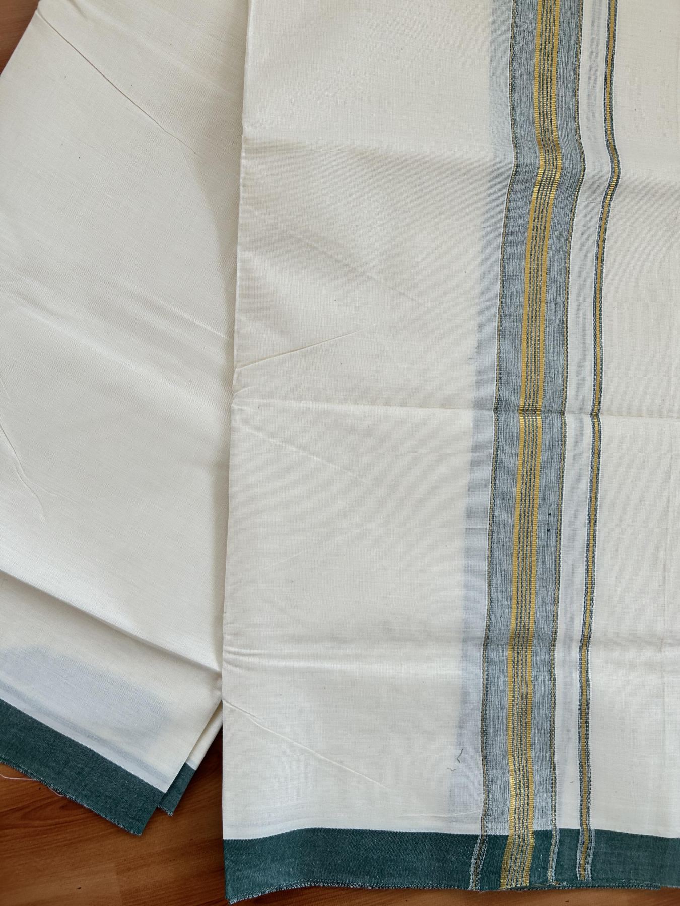 Double Off White - (Unbleached) Mundu/Dhoti - 20% Discount! KaithariKada Balaramapuram Pure Cotton - 80s - 1.5 inch Gold Kasav & Green Striped Kara - 4 mtr (8.5 Muzham) - 14 KK5416 GAN
