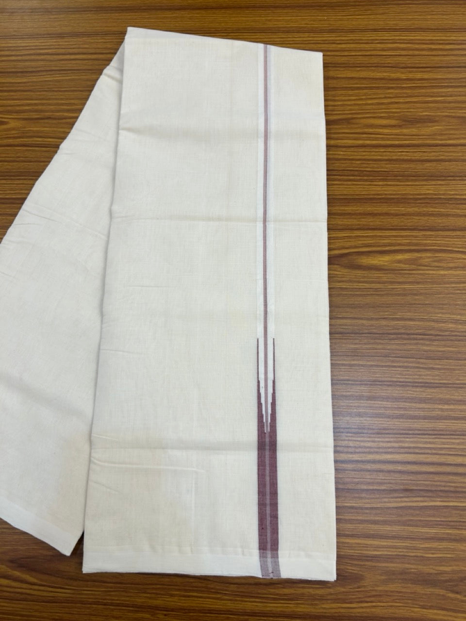 25% Discount ! KaithariKada Handloom Millpaav Balaramapuram - 100% Pure Cotton Off White Double - (Unbleached) Mundu/Dothi - 80X90 - 1 inch Puliyilakkara Maroon Stripes chutty Kara 4 mtr (8.5 Muzham) - 128 KK5236 RAM