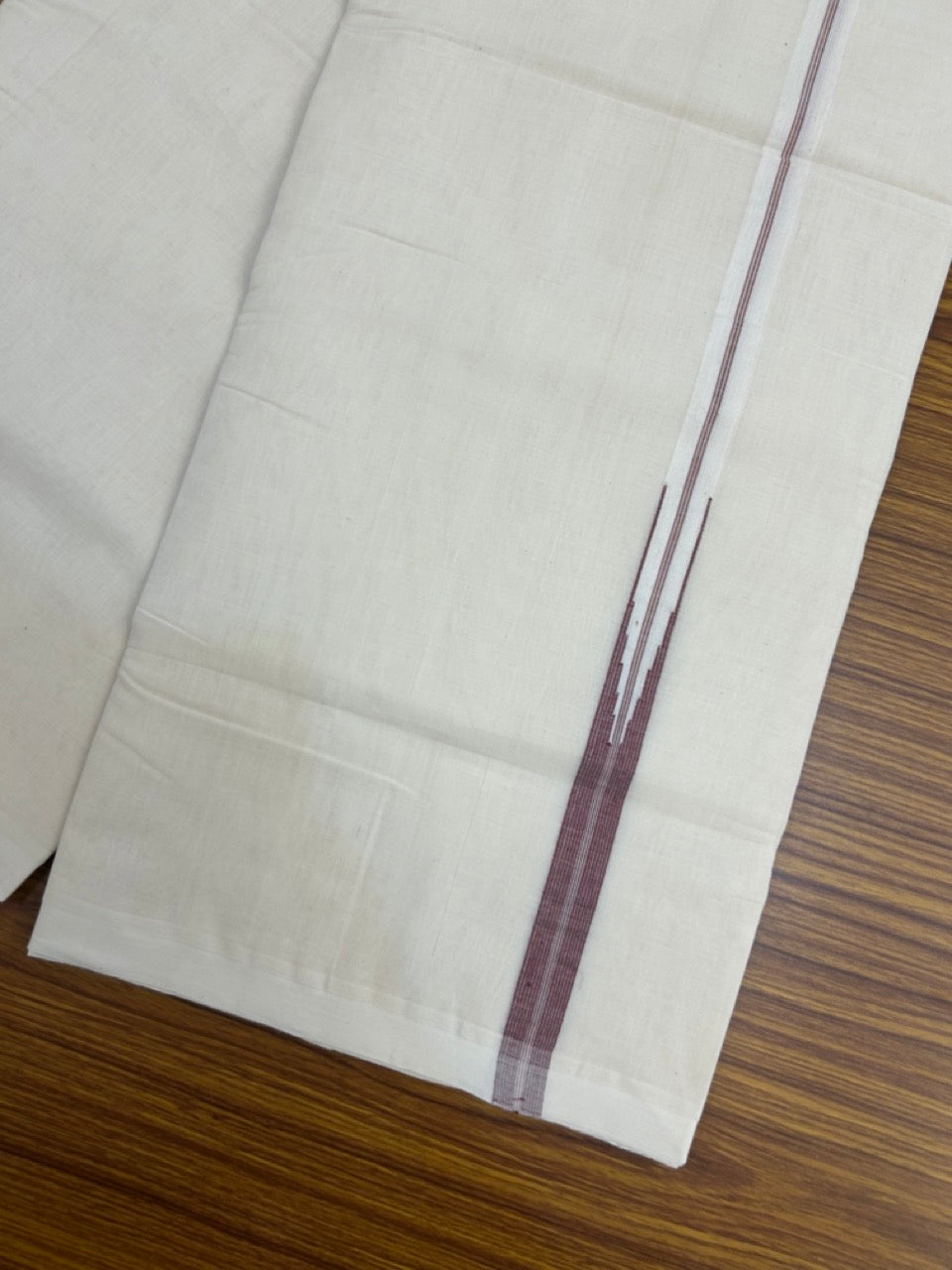 25% Discount ! KaithariKada Handloom Millpaav Balaramapuram - 100% Pure Cotton Off White Double - (Unbleached) Mundu/Dothi - 80X90 - 1 inch Puliyilakkara Maroon Stripes chutty Kara 4 mtr (8.5 Muzham) - 128 KK5236 RAM