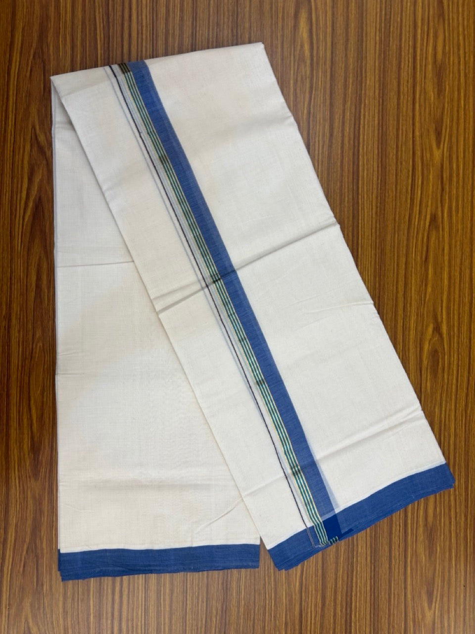 25% Discount ! KaithariKada Handloom Millpaav Balaramapuram - Cotton Off White (Unbleached) Double Mundu/Dothi - 80x90 - 1.25 inch Gold Kasavu & Peacock Blue Kasav , Blue Mulloth Kara 4 Meters (8.5 Muzham) - 109 KK5256 RAM