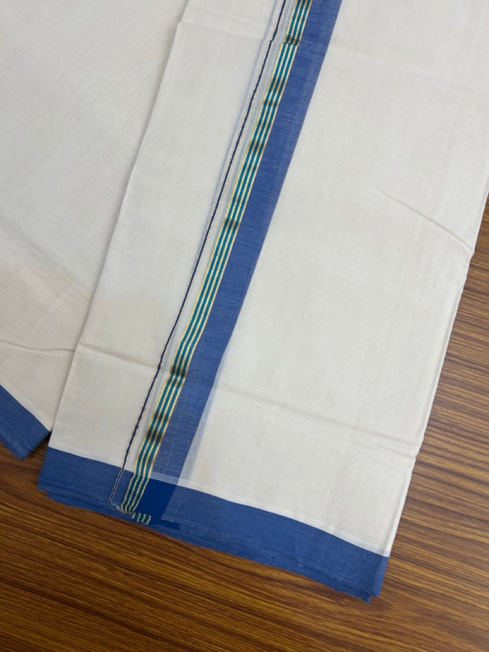 25% Discount ! KaithariKada Handloom Millpaav Balaramapuram - Cotton Off White (Unbleached) Double Mundu/Dothi - 80x90 - 1.25 inch Gold Kasavu & Peacock Blue Kasav , Blue Mulloth Kara 4 Meters (8.5 Muzham) - 109 KK5256 RAM