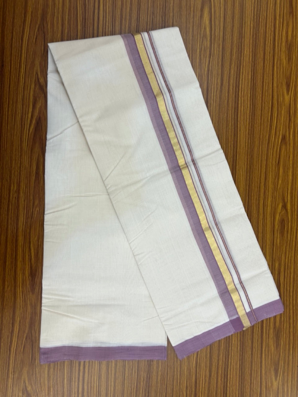 25% Discount ! KaithariKada Handloom Millpaav Balaramapuram - Cotton Off White (Unbleached) Double Mundu/Dothi - 80x90 - 1.25 inch Gold Kasav & Light Plum Side Stripes Mulloth Kara 4 Meters (8.5 Muzham) - 112 KK5256 RAM