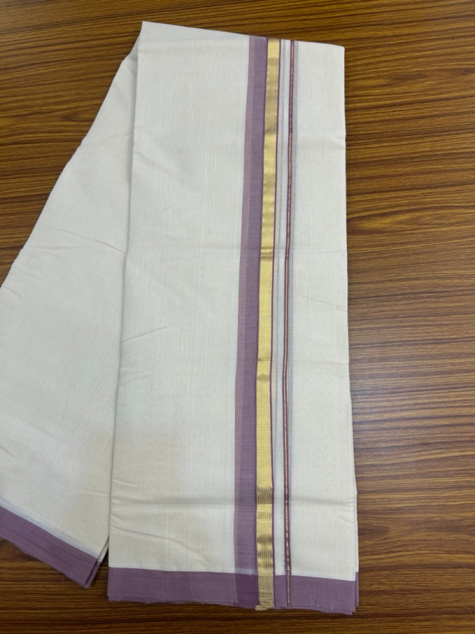 25% Discount ! KaithariKada Handloom Millpaav Balaramapuram - Cotton Off White (Unbleached) Double Mundu/Dothi - 80x90 - 1.25 inch Gold Kasav & Light Plum Side Stripes Mulloth Kara 4 Meters (8.5 Muzham) - 112 KK5256 RAM
