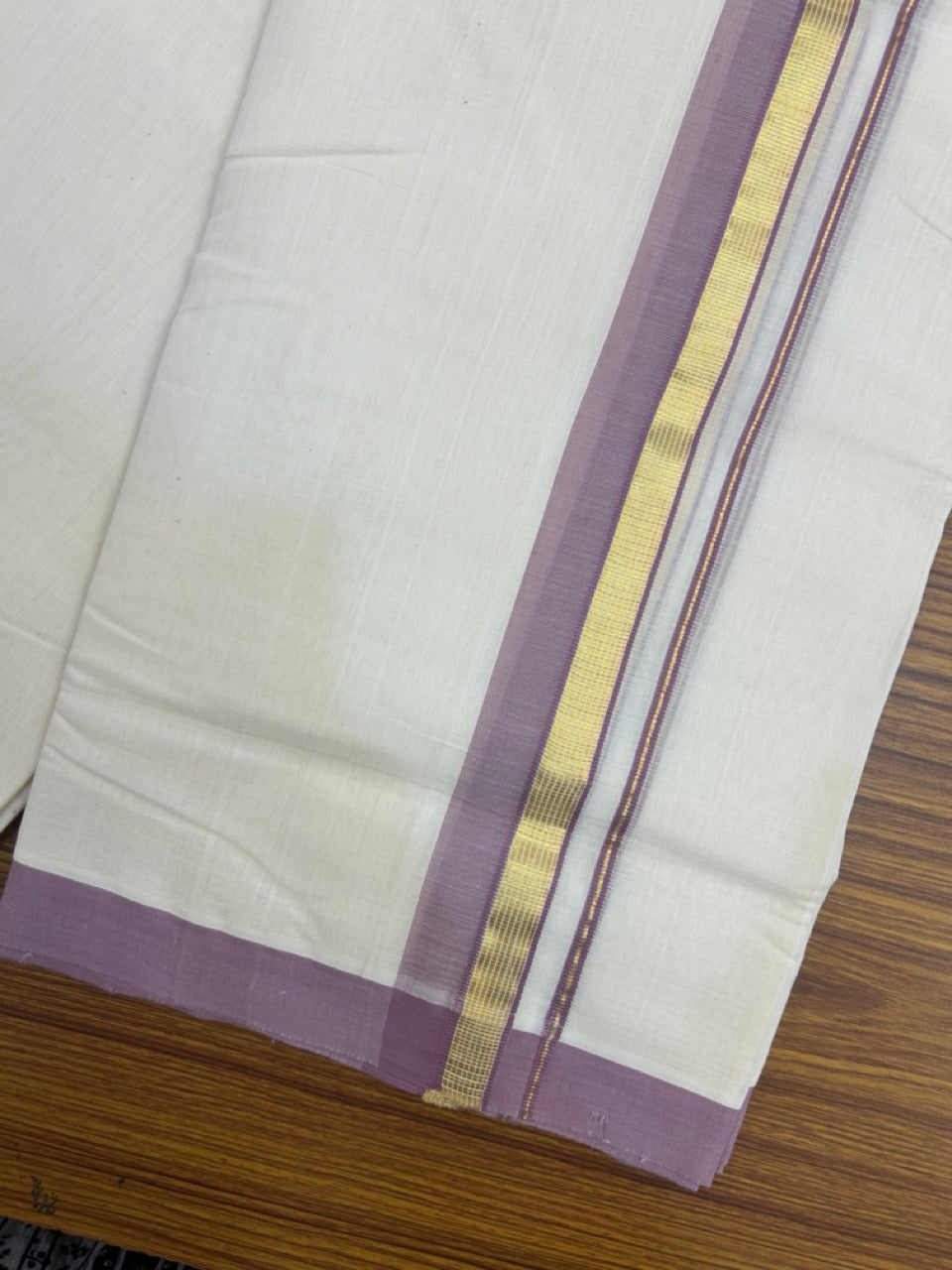 25% Discount ! KaithariKada Handloom Millpaav Balaramapuram - Cotton Off White (Unbleached) Double Mundu/Dothi - 80x90 - 1.25 inch Gold Kasav & Light Plum Side Stripes Mulloth Kara 4 Meters (8.5 Muzham) - 112 KK5256 RAM