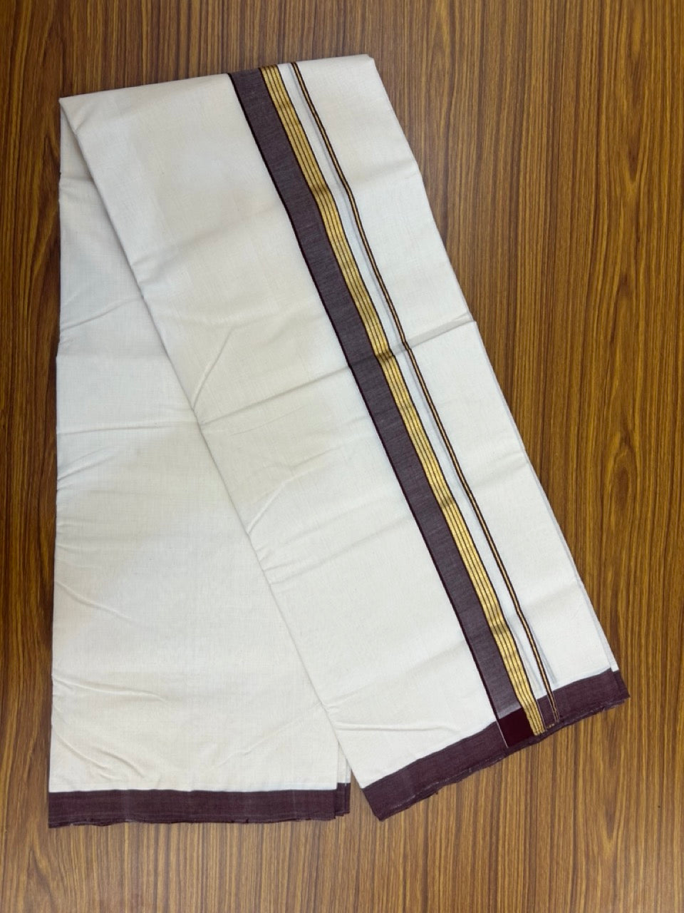 25% Discount ! KaithariKada Handloom Millpaav Balaramapuram - Cotton Off White (Unbleached) Double Mundu/Dothi - 80x90 - 1.25 inch Gold Kasav & Brown Side Stripes Mulloth Kara 4 Meters (8.5 Muzham) - 113 KK5256 RAM