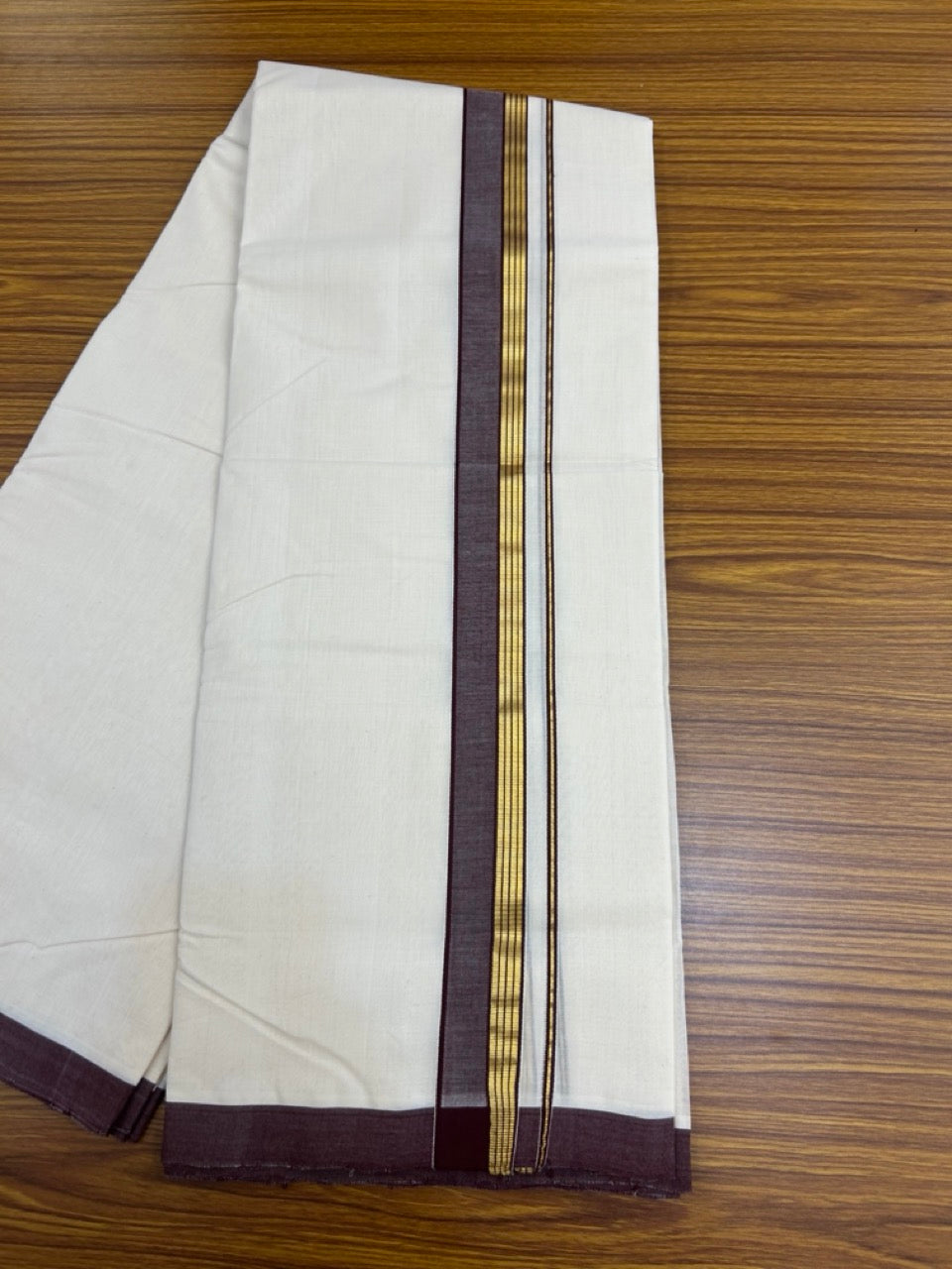 25% Discount ! KaithariKada Handloom Millpaav Balaramapuram - Cotton Off White (Unbleached) Double Mundu/Dothi - 80x90 - 1.25 inch Gold Kasav & Brown Side Stripes Mulloth Kara 4 Meters (8.5 Muzham) - 113 KK5256 RAM