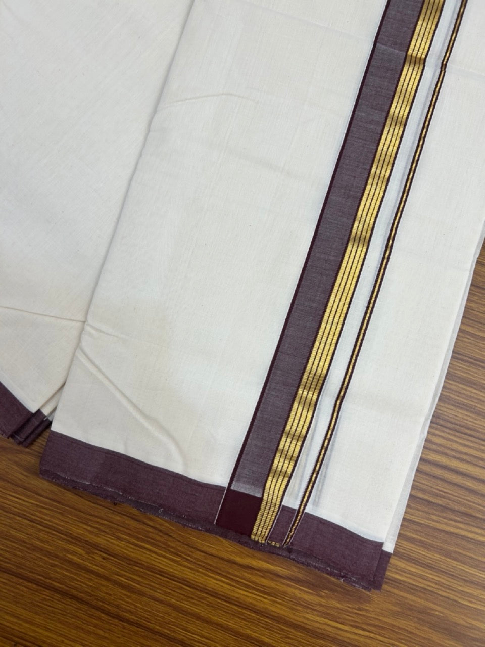 25% Discount ! KaithariKada Handloom Millpaav Balaramapuram - Cotton Off White (Unbleached) Double Mundu/Dothi - 80x90 - 1.25 inch Gold Kasav & Brown Side Stripes Mulloth Kara 4 Meters (8.5 Muzham) - 113 KK5256 RAM