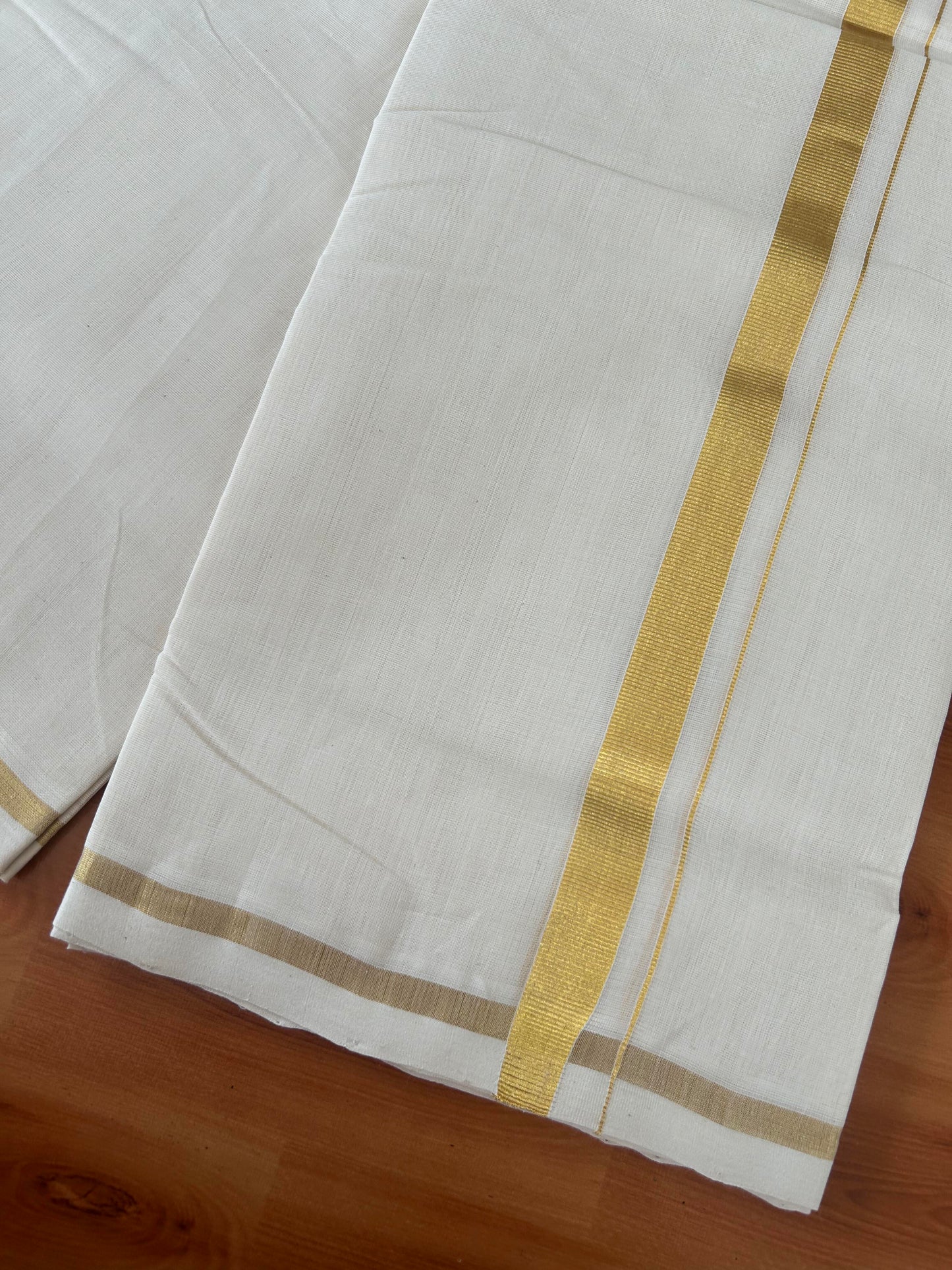 25% Discount ! KaithariKada Handloom Millpaav - Kerala Handloom - 100% Pure Cotton Off White (Unbleached) Double Mundu/Dhoti - 80x90 - 0.75 inch Gold Kara 3.60 mtr (8 Muzham) - 30 KK5386 RAM