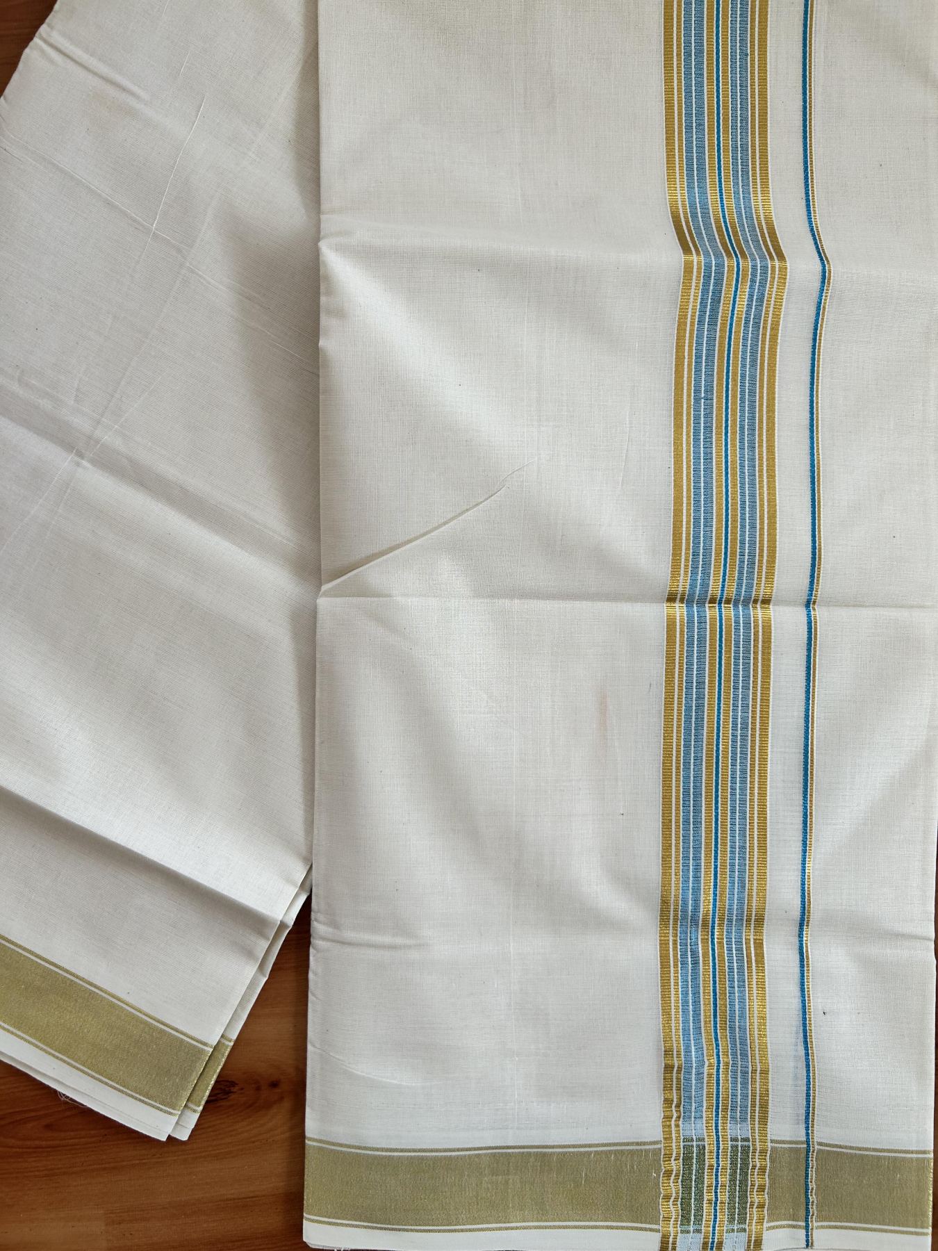 Double Off White - (Unbleached) Mundu/Dhoti - 20% Discount! KaithariKada Balaramapuram Pure Cotton - 80s - 1.5 inch Gold Kasav & Sky Blue Striped Kara - 4 mtr (8.5 Muzham) - 25 KK5416 GAN