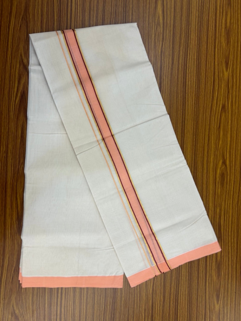 25% Discount ! KaithariKada Handloom Milpaav Balaramapuram - Cotton Off White (Unbleached) Double Mundu/Dothi - 80x90 - 1.25 inch Gold Kasavu stripes Brown & Peach Mulloth Kara 4 Meters (8.5 Muzham) - 108 KK5256 RAM