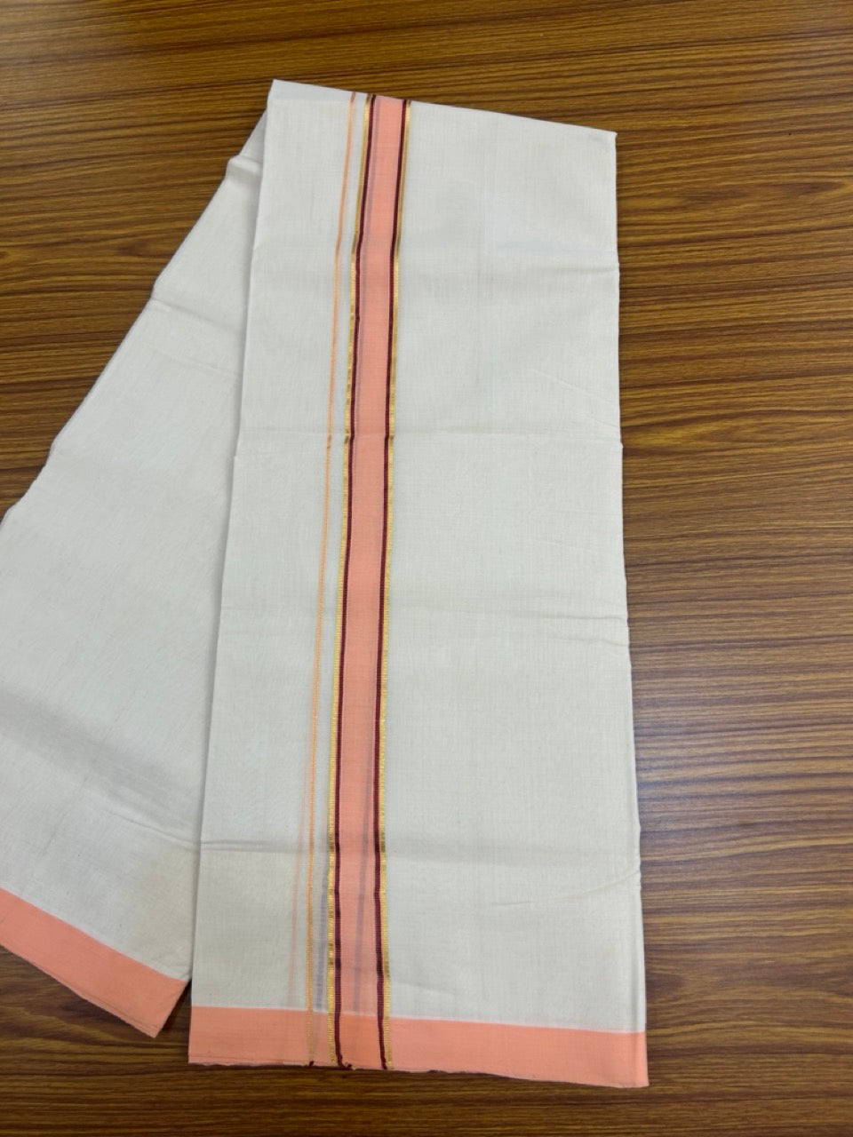 25% Discount ! KaithariKada Handloom Milpaav Balaramapuram - Cotton Off White (Unbleached) Double Mundu/Dothi - 80x90 - 1.25 inch Gold Kasavu stripes Brown & Peach Mulloth Kara 4 Meters (8.5 Muzham) - 108 KK5256 RAM
