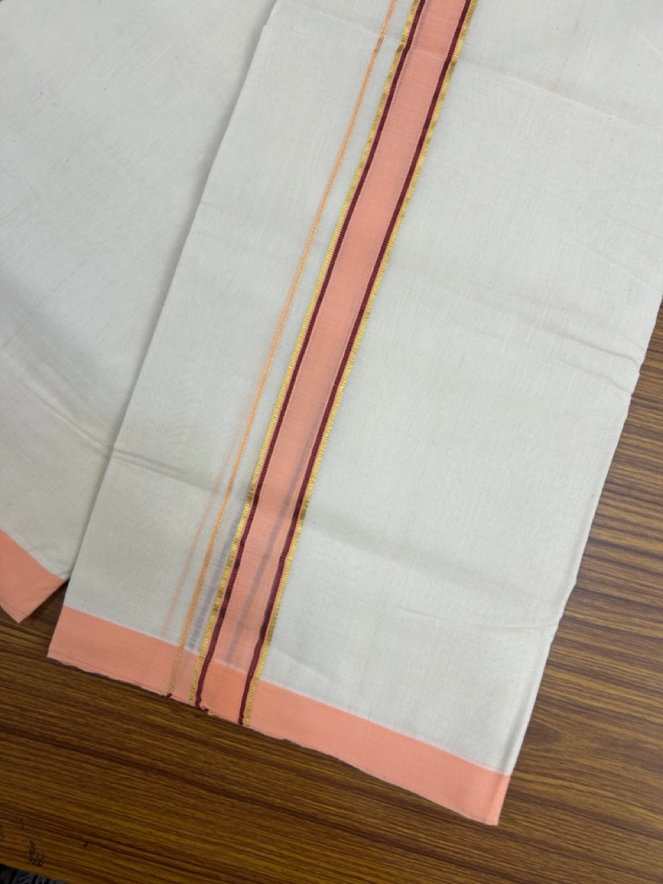 25% Discount ! KaithariKada Handloom Milpaav Balaramapuram - Cotton Off White (Unbleached) Double Mundu/Dothi - 80x90 - 1.25 inch Gold Kasavu stripes Brown & Peach Mulloth Kara 4 Meters (8.5 Muzham) - 108 KK5256 RAM
